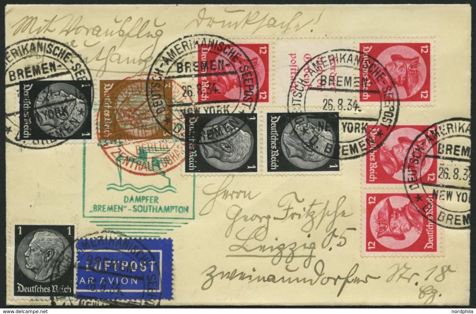 KATAPULTPOST 175c BRIEF, 30.8.1934, Bremen - Southampton, Deutsche Seepostaufgabe, Frankiert U.a. Mit S 105 Und K 18, Dr - Covers & Documents
