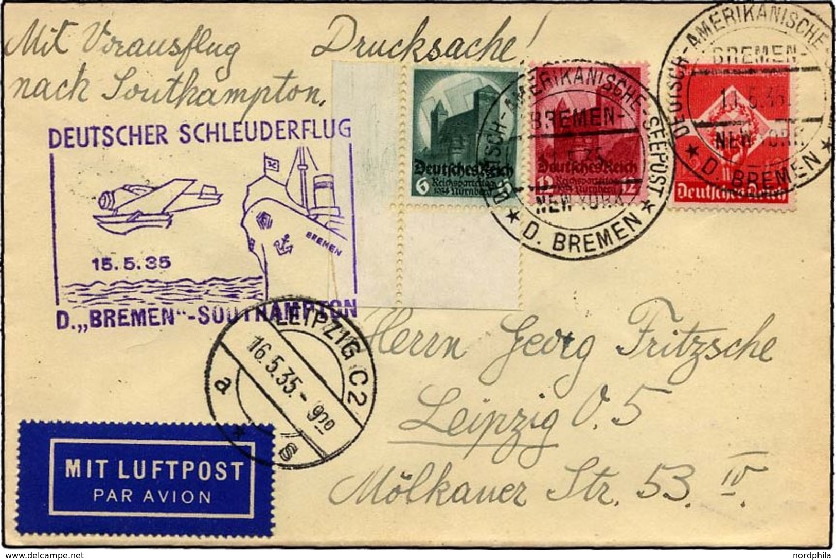 KATAPULTPOST 186c BRIEF, 15.5.1935, Bremen - Southampton, Deutsche Seepostaufgabe, Drucksache, Pracht - Covers & Documents