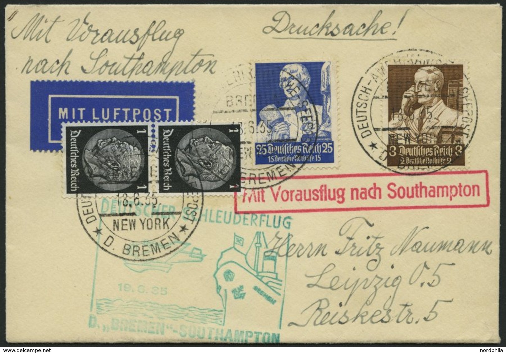 KATAPULTPOST 194c BRIEF, 19.6.1935, Bremen - Southampton, Deutsche Seepostaufgabe, Frankiert U.a. Mit Mi.Nr. 563, Drucks - Covers & Documents
