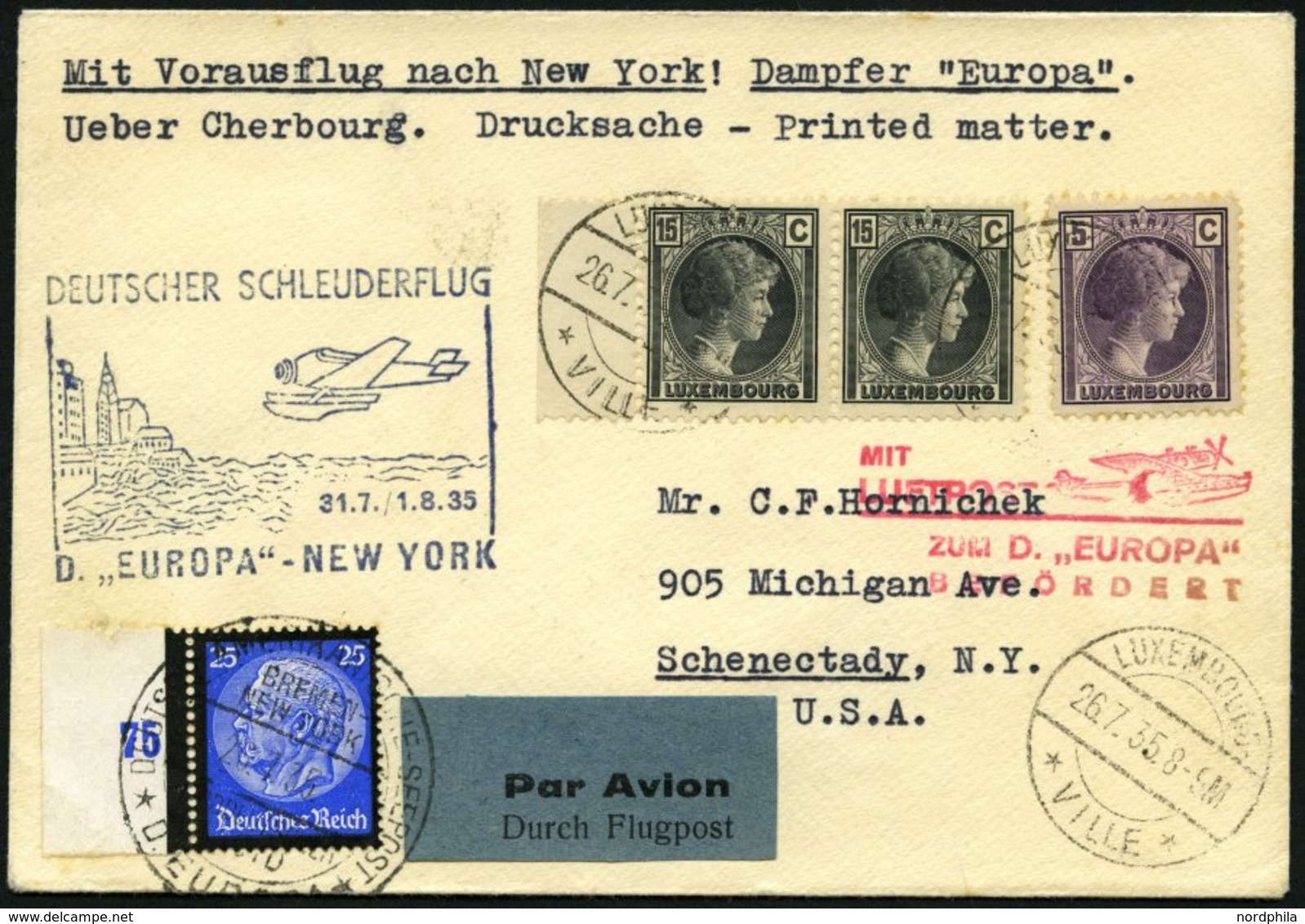 KATAPULTPOST 203Lu BRIEF, Luxemburg: 31.7.1935, Europa - New York, Nachbringeflug, Zweiländerfrankatur, Drucksache, Prac - Covers & Documents