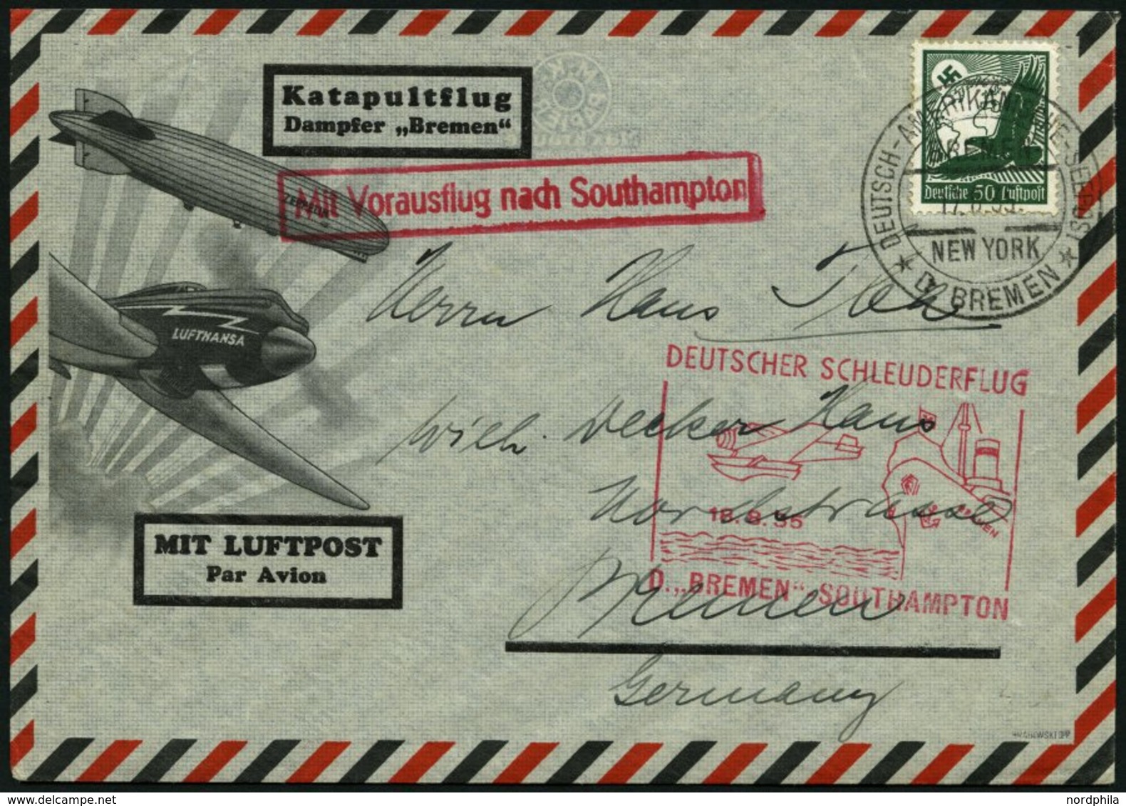 KATAPULTPOST 206c BRIEF, 18.8.1935, &quot,Bremen&quot, - Southampton, Deutsche Seepostaufgabe, Prachtbrief - Cartas & Documentos