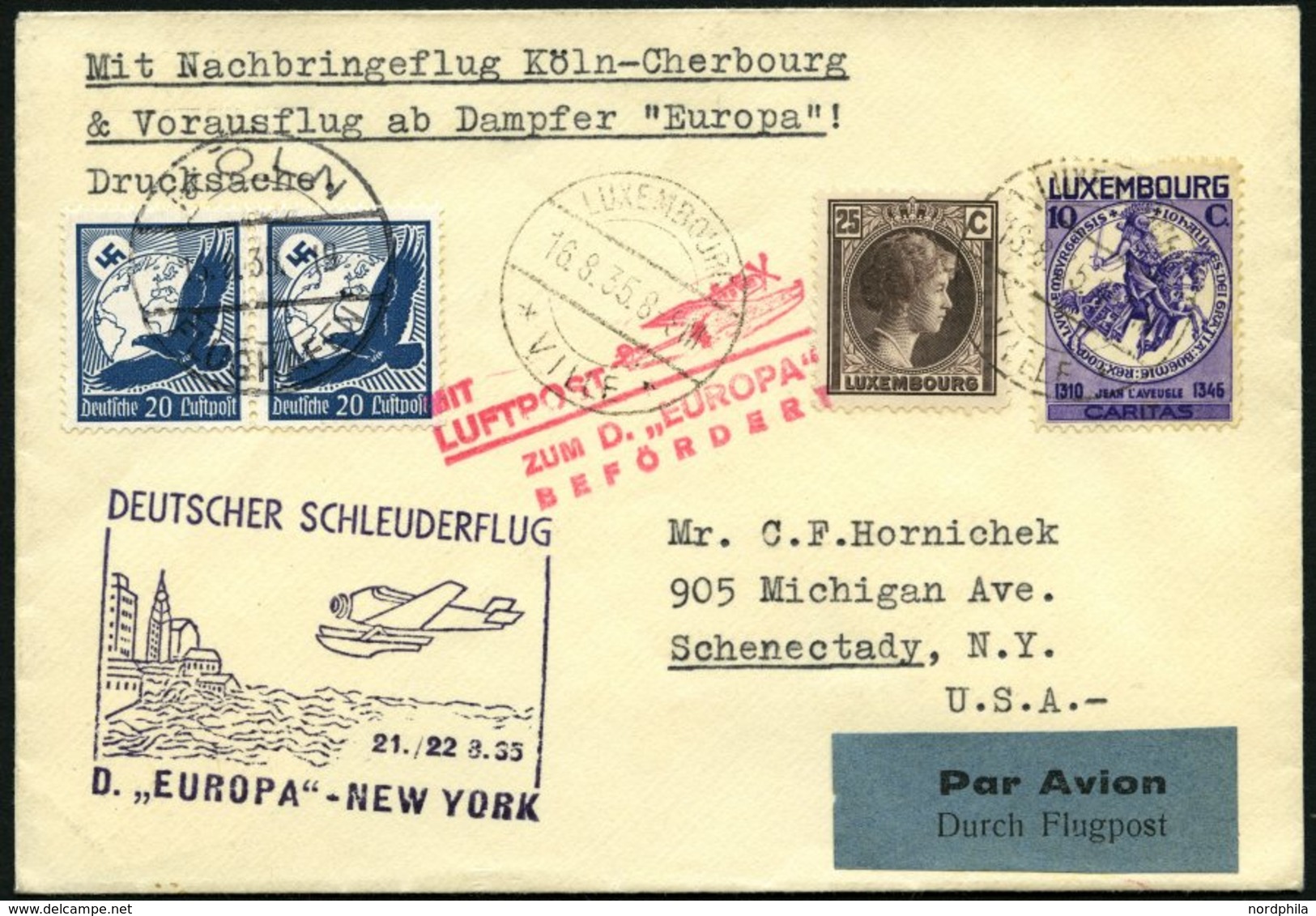 KATAPULTPOST 207Lu BRIEF, Luxemburg: 21.8.1935, Europa - New York, Nachbringeflug, Zweiländerfrankatur, Drucksache, Prac - Cartas & Documentos