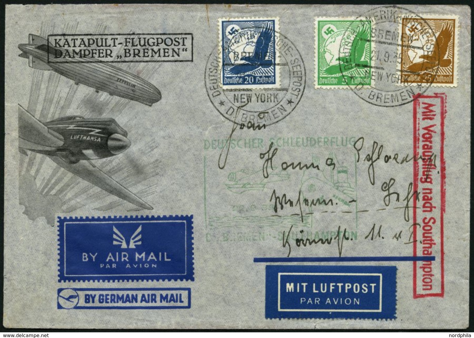 KATAPULTPOST 214c BRIEF, 22.9.1935, &quot,Bremen&quot, - Southampton, Deutsche Seepostaufgabe, Brief Feinst - Cartas & Documentos