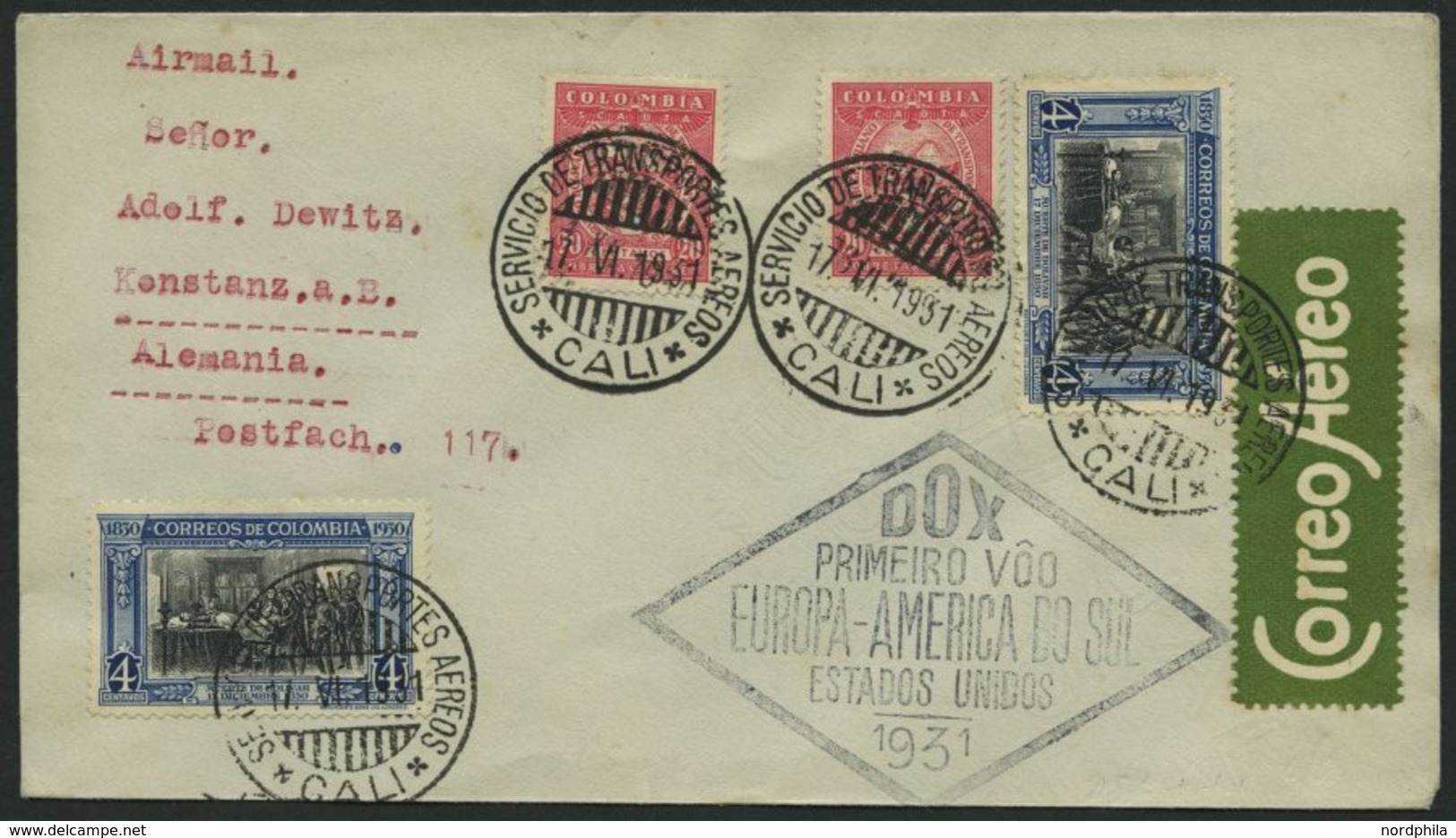 DO-X LUFTPOST 33.b.COL BRIEF, 17.06.1931, Zulieferpost Columbien über Rio Nach Europa Mit Brasilianischem Rautenstempel, - Covers & Documents