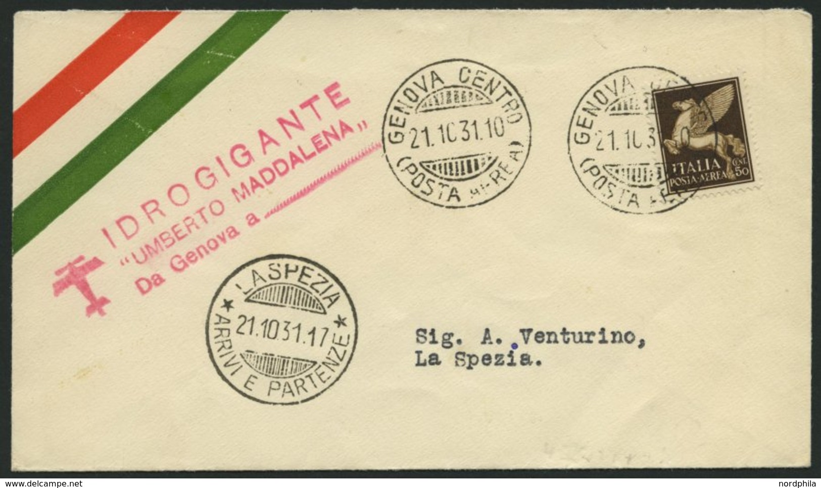 DO-X LUFTPOST DO X2II BRIEF, 21.10.1931, DO X 2 UMBERTO MADDALENA, Roter L3 Auf Brief Von GENUA Nach La Spezia, Pracht,  - Cartas & Documentos