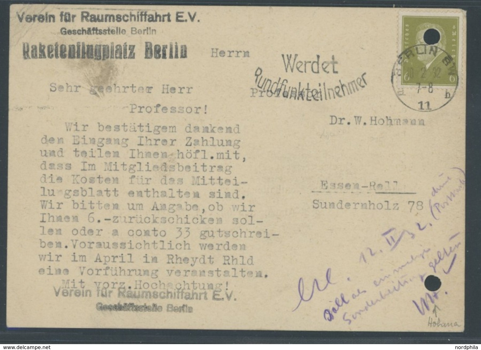 RAKETENPOST 10.2.1932, Beitrittserklärung Des Vereins Für Raumschifffahrt, Raketenflugplatz Berlin, Als Geldeingangsbest - Aviones
