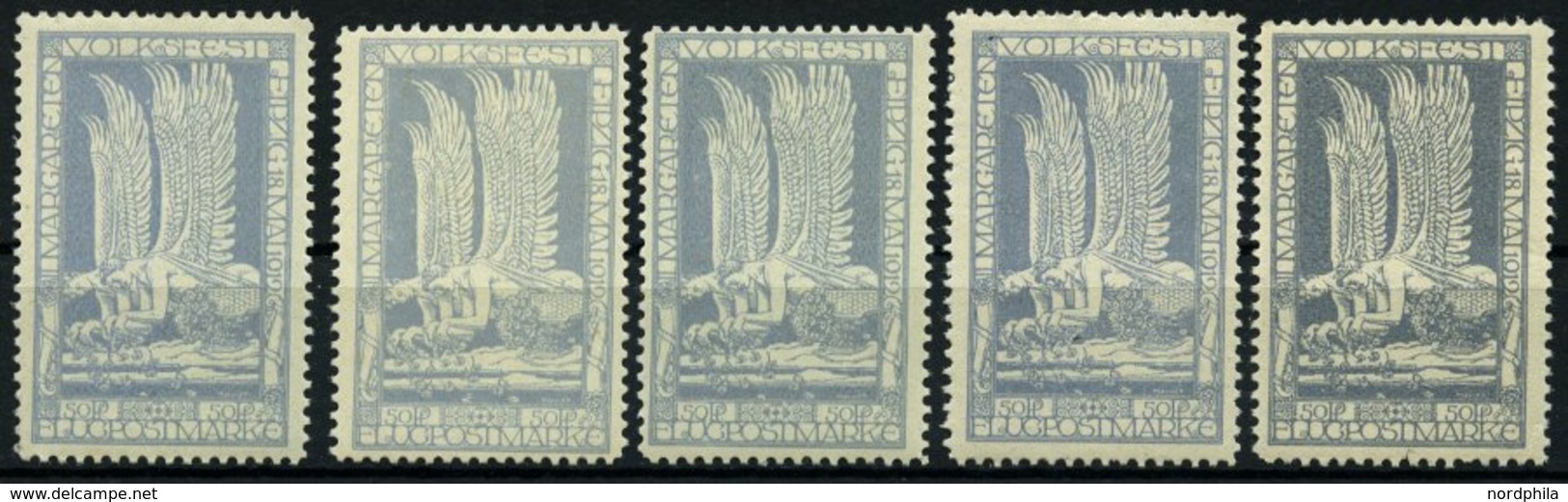 HALBAMTLICHE FLUGMARKEN 4 *, 1912, 50 Pf. Margaretenfest, Falzrest, 5 Prachtwerte In Verschiedenen Farbnuancen - Airplanes