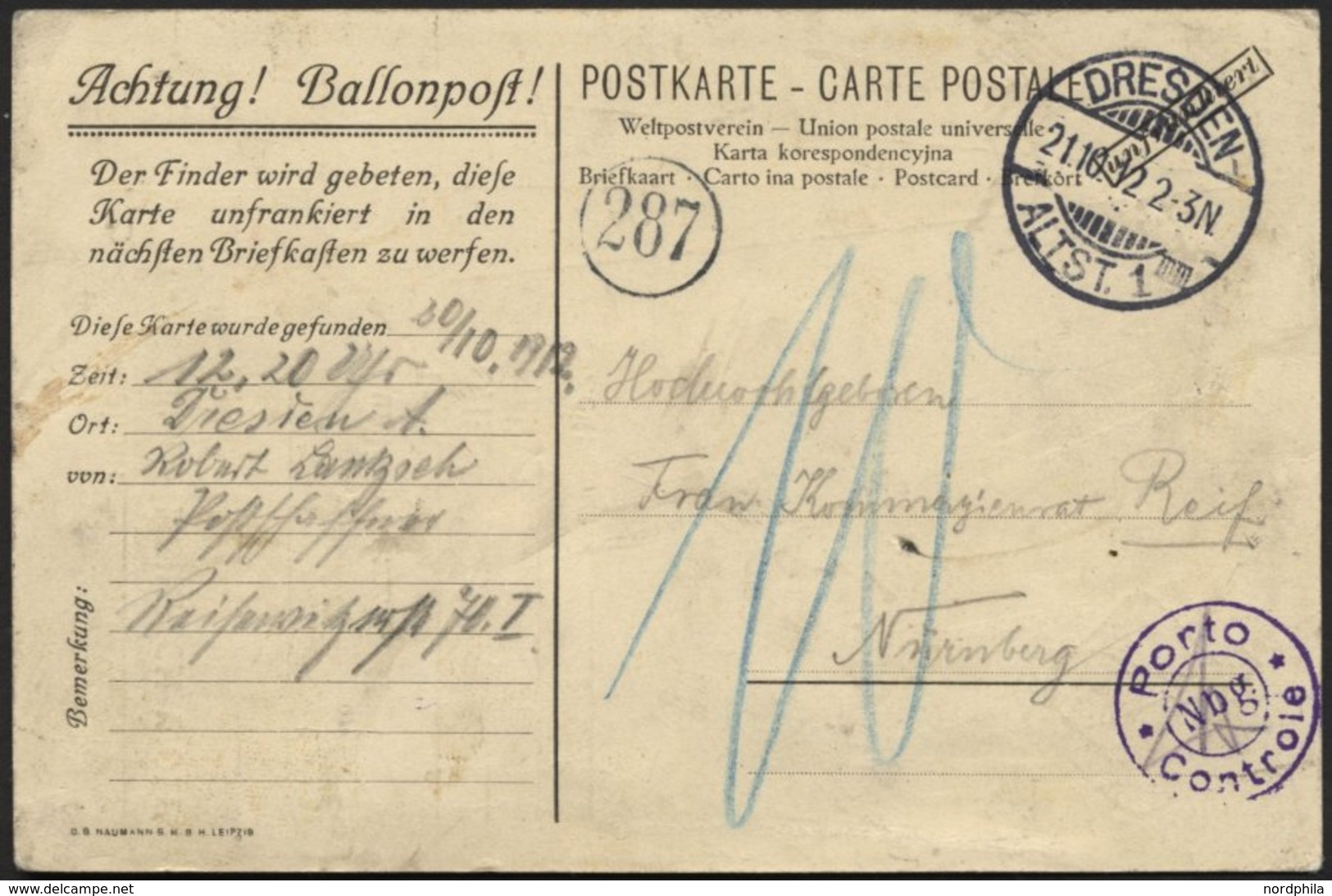 BALLON-FAHRTEN 1897-1916 20.10.1912, Leipziger Verein Für Luftschiffahrt, Abwurf Vom Ballon LEIPZIG, Postaufgabe In Dres - Montgolfier