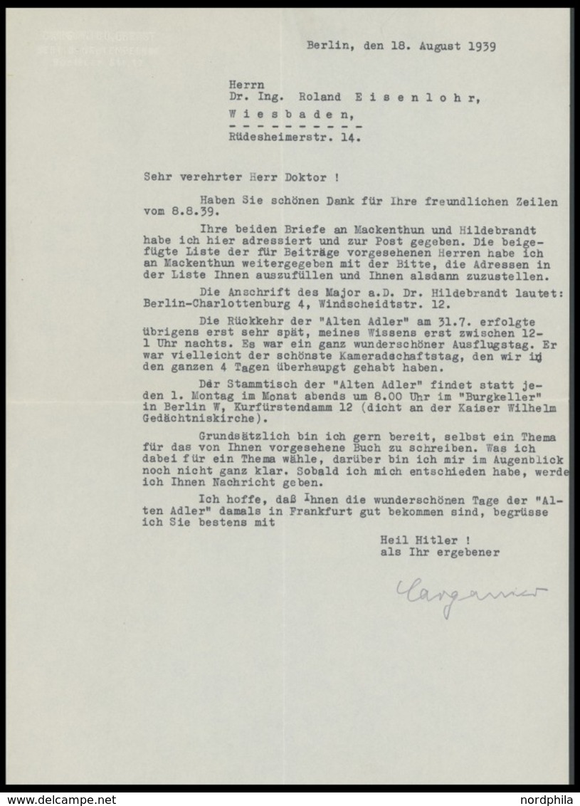 SONDERFLÜGE, FLUGVERANST. 1939, Stammtisch Der Alten Adler, Schreiben Von Oberst Garanico Mit Details Und Eigenhändiger  - Airmail & Zeppelin