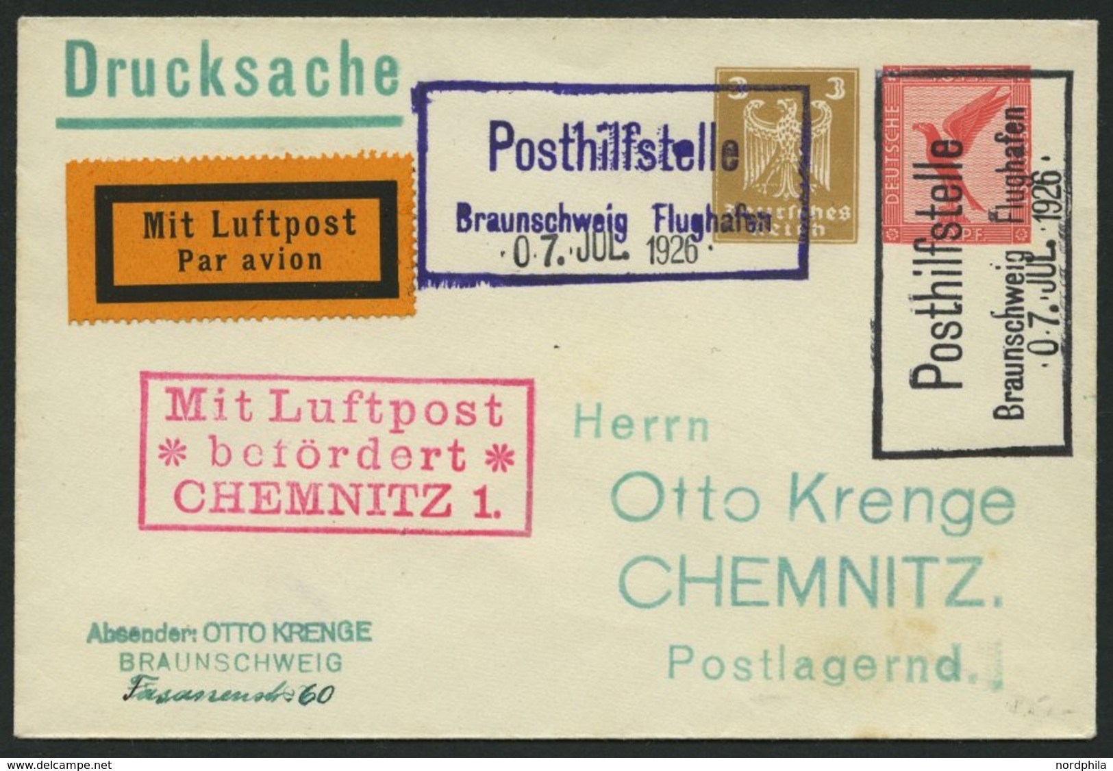 FLUGPLATZ, FLUGHAFENSTPL 7-01g BRIEF, Braunschweig Posthilfstelle Flughafen, 1926, Je R2 In Schwarz Und Violett, Datum-G - Airmail & Zeppelin