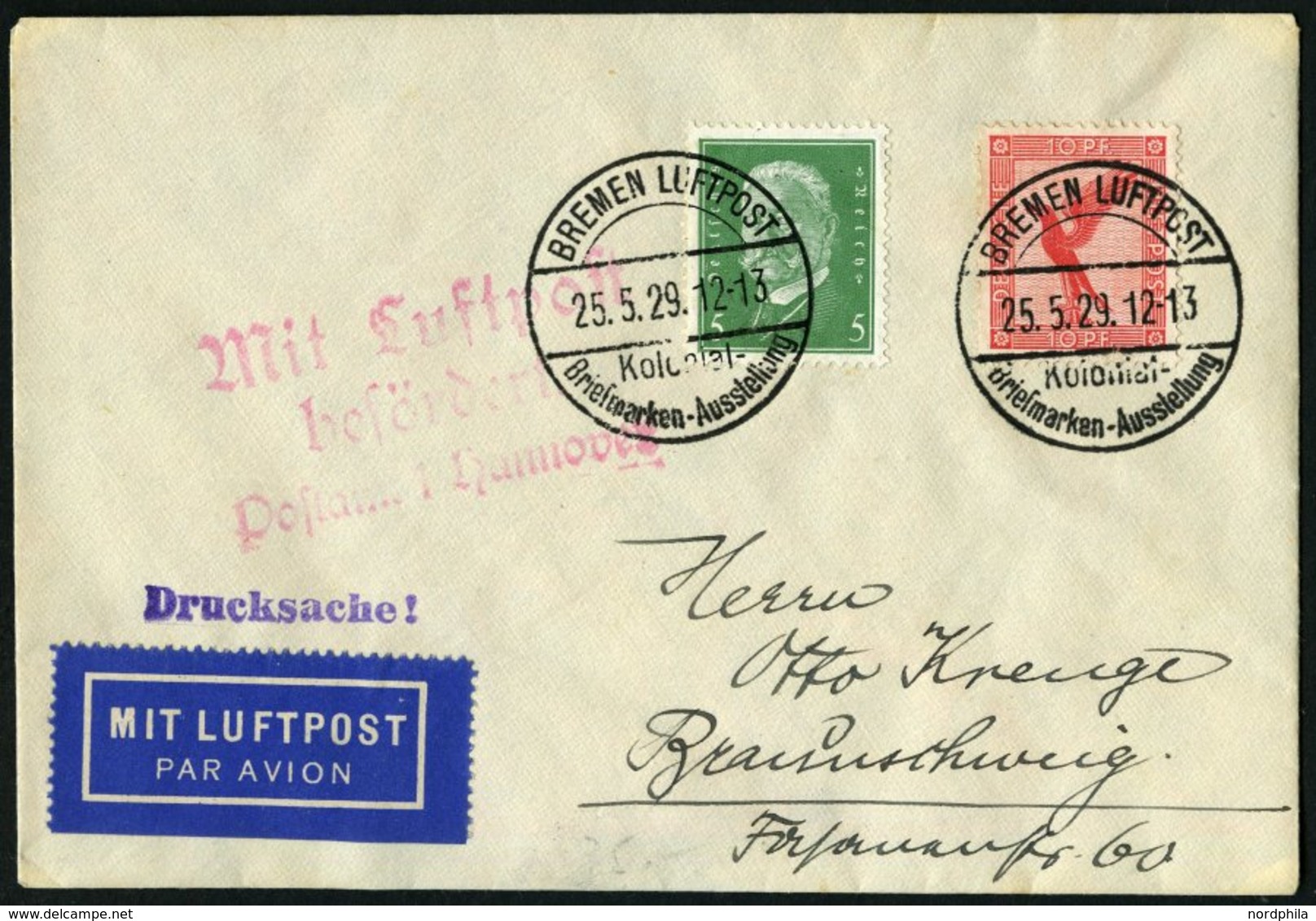 LUFTPOSTAUFGABESTEMPEL 7-02 BRIEF, 25.5.29, Bremen Luftpost Kolonial-Briefmarken-Ausstellung Auf Brief Aus Bremen, Prach - Aviones