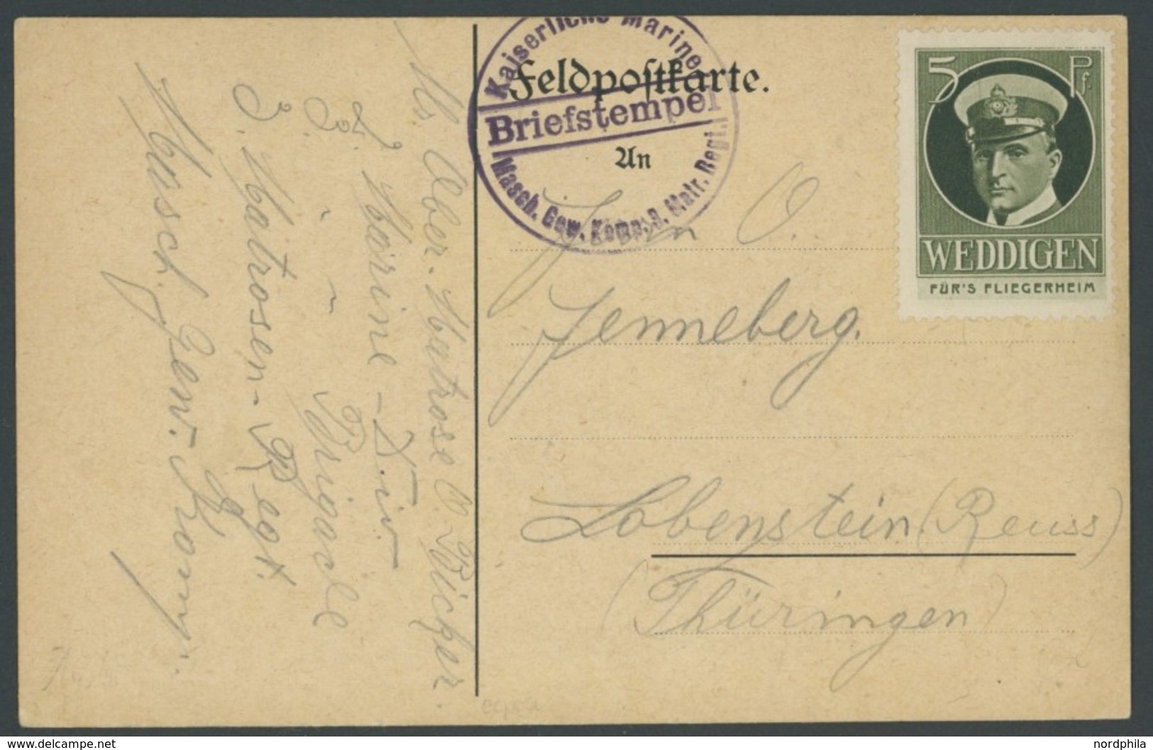LUFTPOST-VIGNETTEN 1916, Flieger-Spenden-Vignette WEDDIGEN (U-Boots Kommandant) Auf Feldpostkarte Mit Marine-Briefstempe - Airmail & Zeppelin
