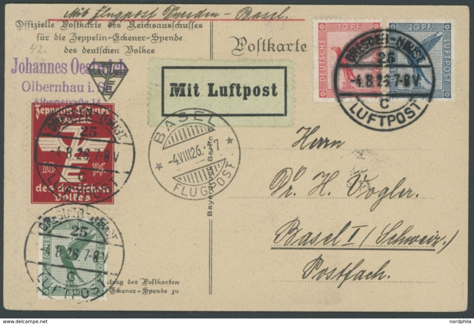 LUFTPOST-VIGNETTEN 1926, Zeppelin-Eckener-Spende, Offizielle Künstlerkarte Mit 10 Pf. Spenden-Vignette Als Flugpost Dres - Airmail & Zeppelin