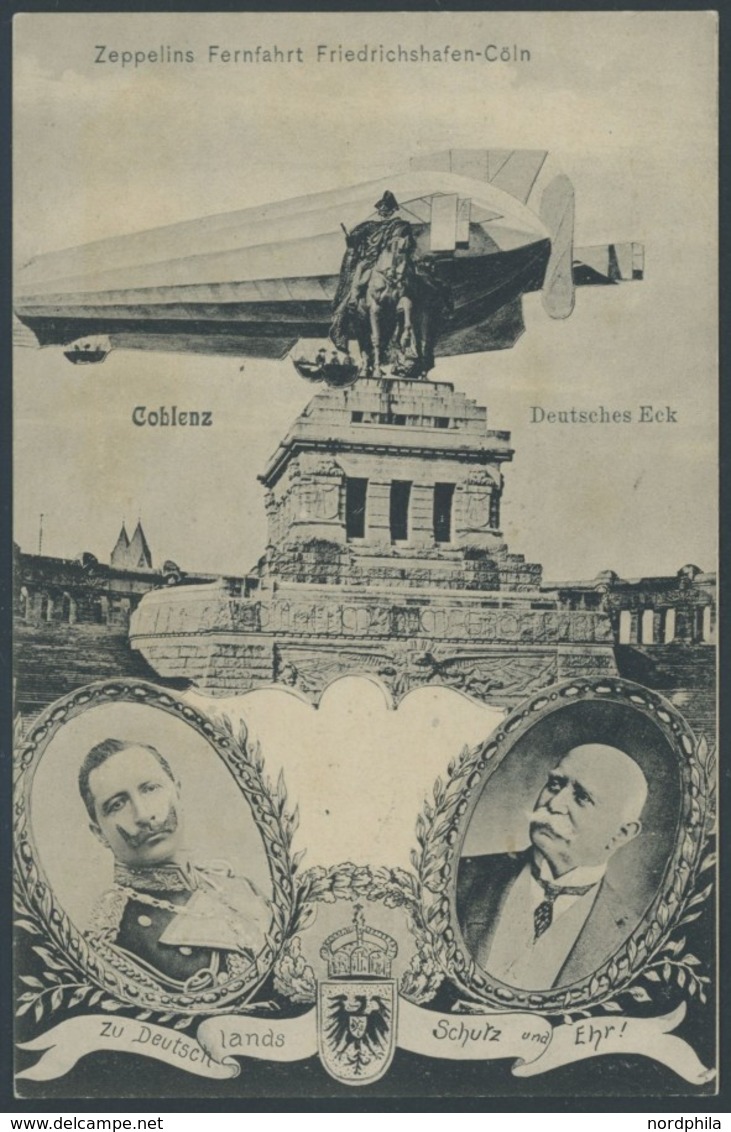ALTE ANSICHTSKARTEN 1909, Zeppelins Fernfahrt Friedrichshafen - Cöln, Luftschiff über Deutschem Eck Mit Portraits Vom Ka - Otros & Sin Clasificación