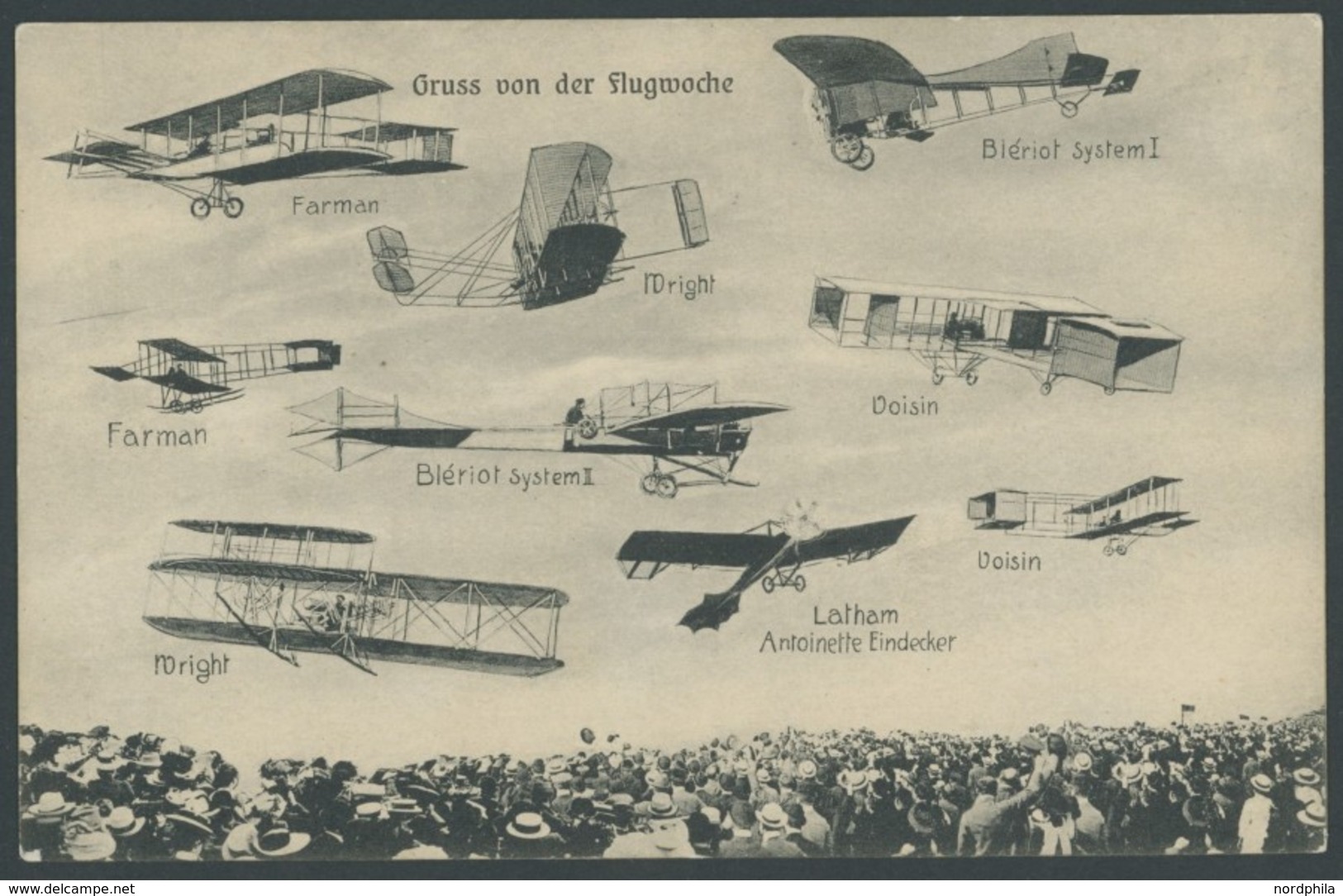 ALTE ANSICHTSKARTEN 1909, Gruß Von Der Flugwoche, Karte Mit 9 Verschiedenen Flugzeugfabrikaten Und Den Namen Der Teilneh - Other & Unclassified