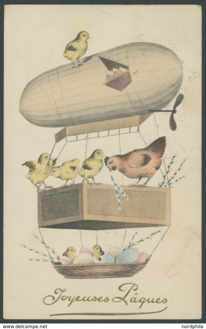 ALTE ANSICHTSKARTEN 1909, Luftschiff-Ostergruß, Farbige Ansichtskarte, Eine Ecke Leicht Gestaucht, Gebraucht, Pracht - Sonstige & Ohne Zuordnung