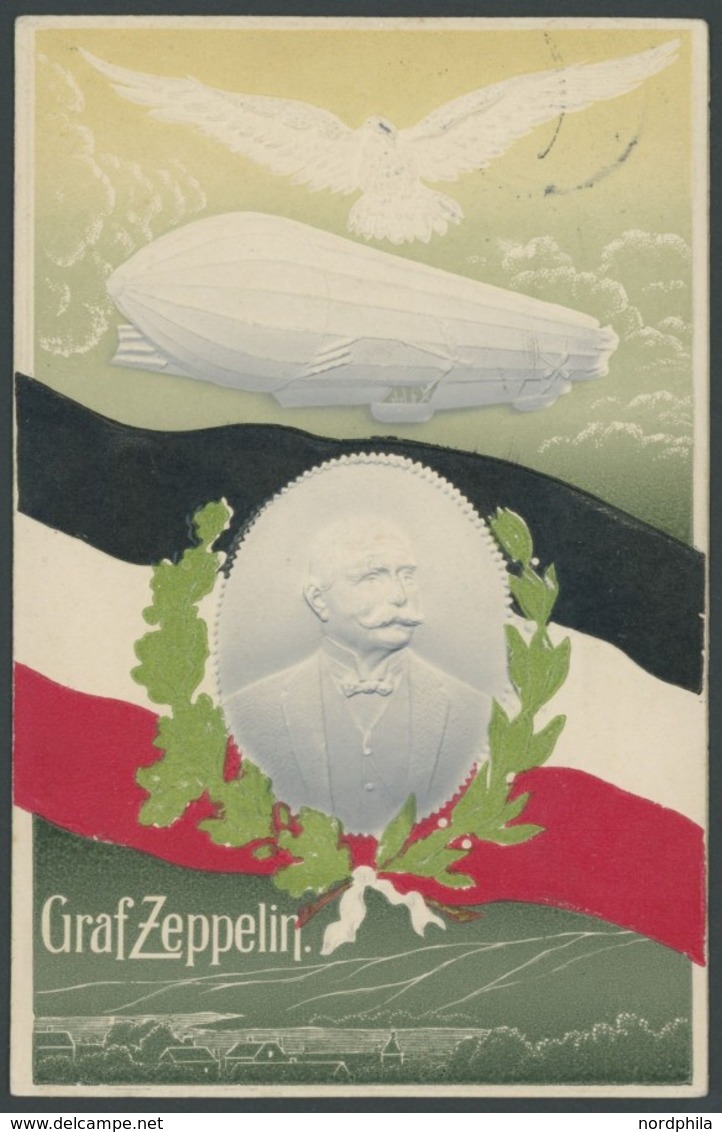 ALTE ANSICHTSKARTEN 1909, Graf Zeppelin, Portrait Mit Lorbeerkranz, Luftschiff Und Nationalflagge, Gebraucht, Farbige Pr - Otros & Sin Clasificación