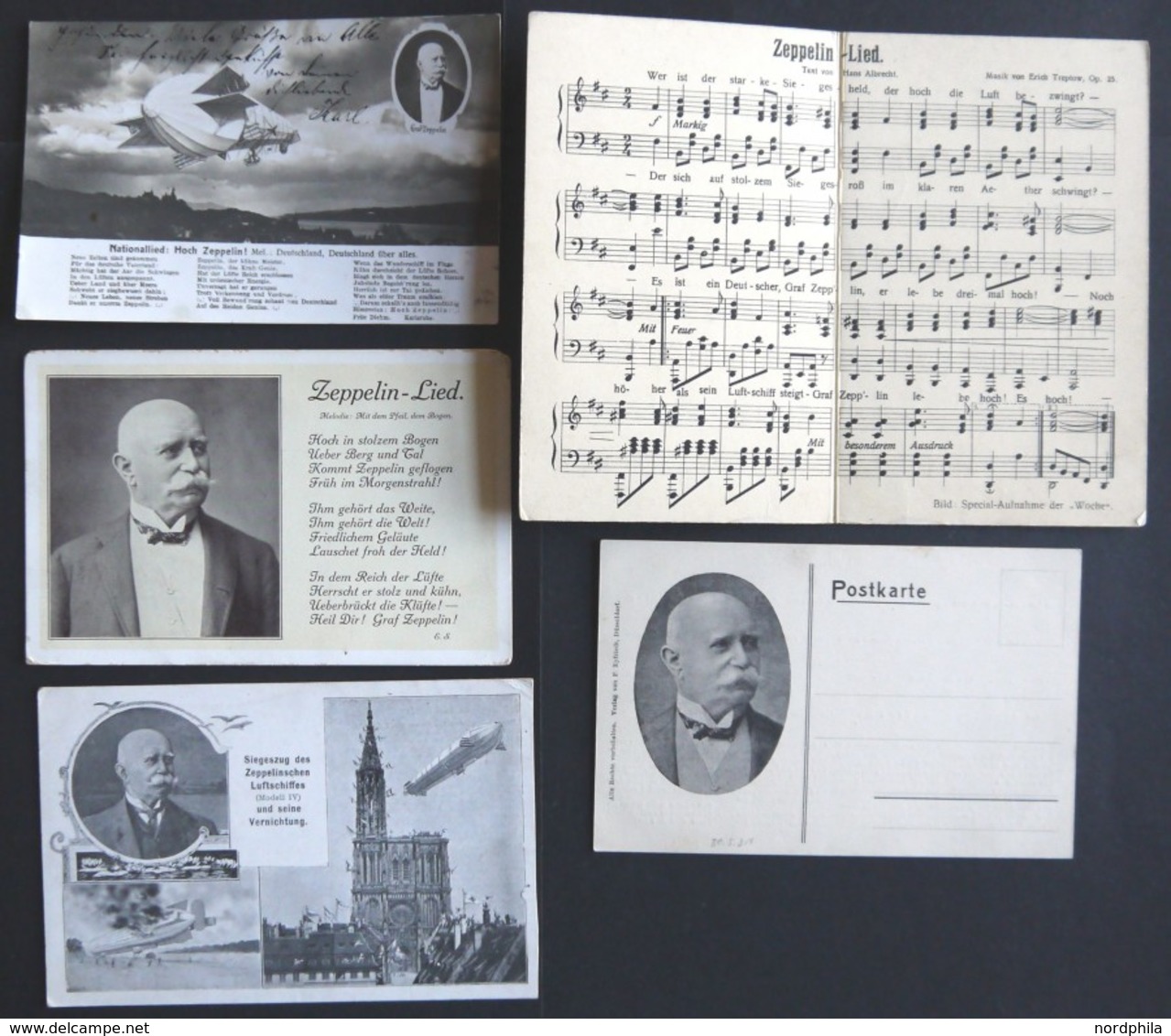 ALTE ANSICHTSKARTEN 1914/31, 5 Verschiedene Zeppelin Liederkarten (eine Klappkarte), Teils Mit Noten, 4x Ungebraucht, Pr - Otros & Sin Clasificación