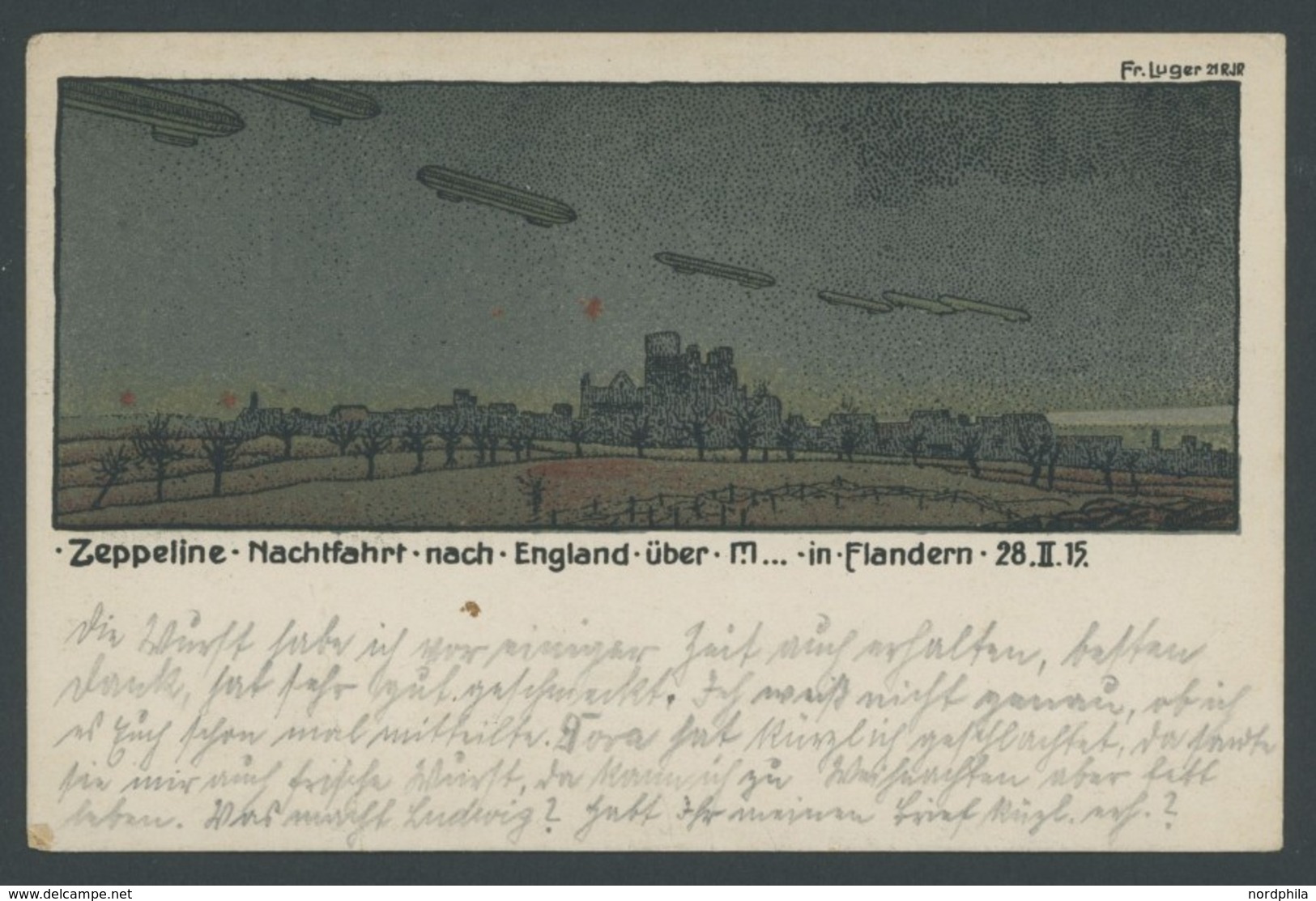 ALTE ANSICHTSKARTEN 1915, Zeppeline - Nachtfahrt Nach England über Flandern 28.II.15, Farbige Steindruck Künstlerkarte,  - Otros & Sin Clasificación