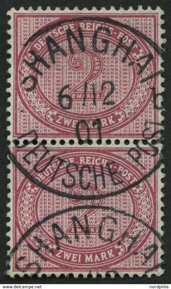 DP CHINA V 37f Paar O, 1901, 2 M. Rötlichkarmin Im Senkrechten Paar, Stempel SHANGHAI DP *a, Untere Marke Dünne Stelle,  - Deutsche Post In China