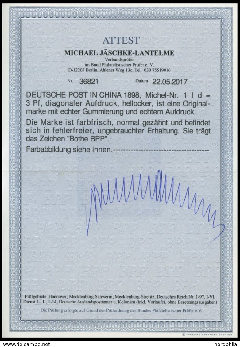 DP CHINA 1Id *, 1898, 3 Pf. Hellocker Diagonaler Aufdruck, Falzrest, Pracht, R!, Fotoattest Jäschke-L., Mi. 800.- - China (oficinas)