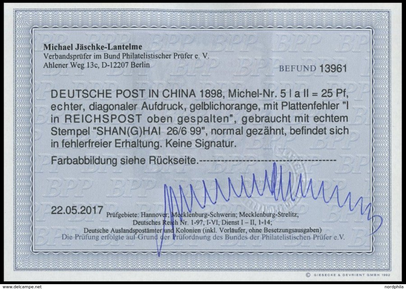 DP CHINA 5IaPFII O, 1898, 25 Pf. Gelblichorange Diagonaler Aufdruck Mit Plattenfehler I In Reichspost Oben Gespalten, Pr - China (oficinas)