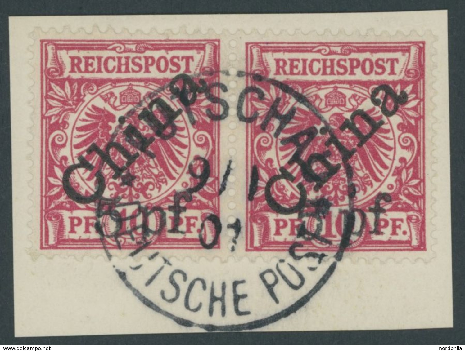 DP CHINA 7IB Paar BrfStk, 1900, 5 Pf. Auf 10 Pf. Diagonaler Aufdruck Im Waagerechten Paar Auf Briefstück, Zentrischer St - China (oficinas)