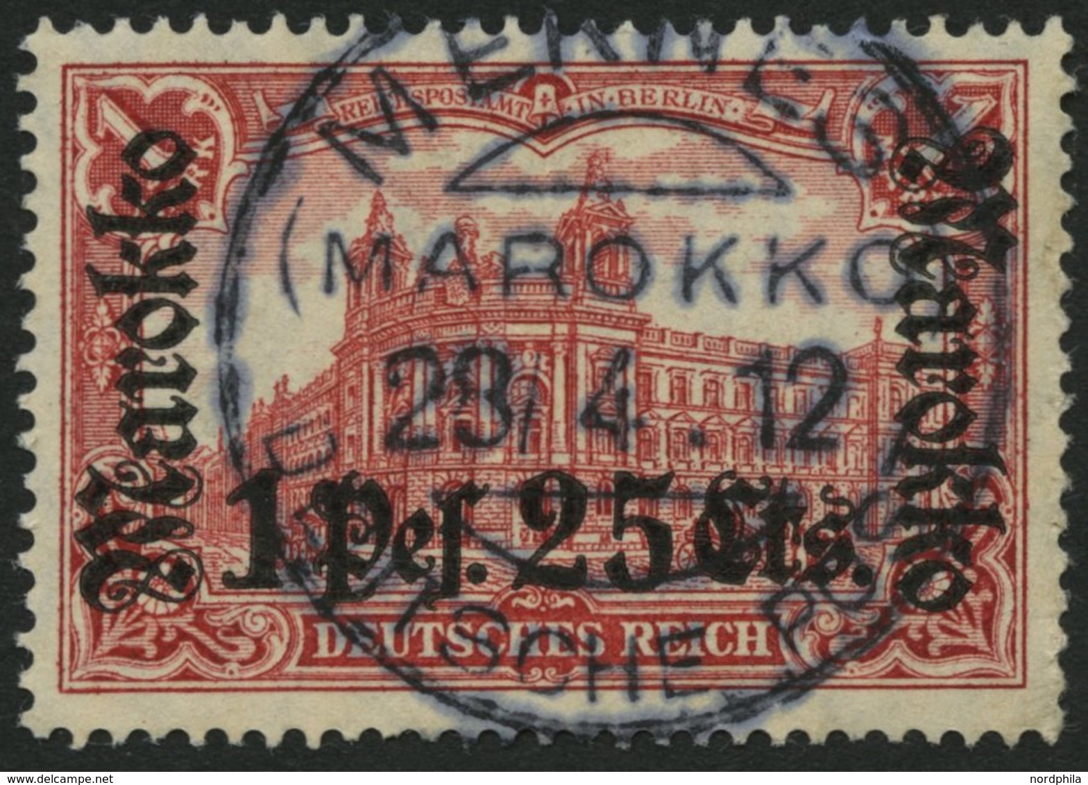 DP IN MAROKKO 55IA O, 1911, 1 P. 25 C. Auf 1 M., Friedensdruck, Zentrischer Stempel MEKNES, Normale Zähnung, Pracht - Marokko (kantoren)