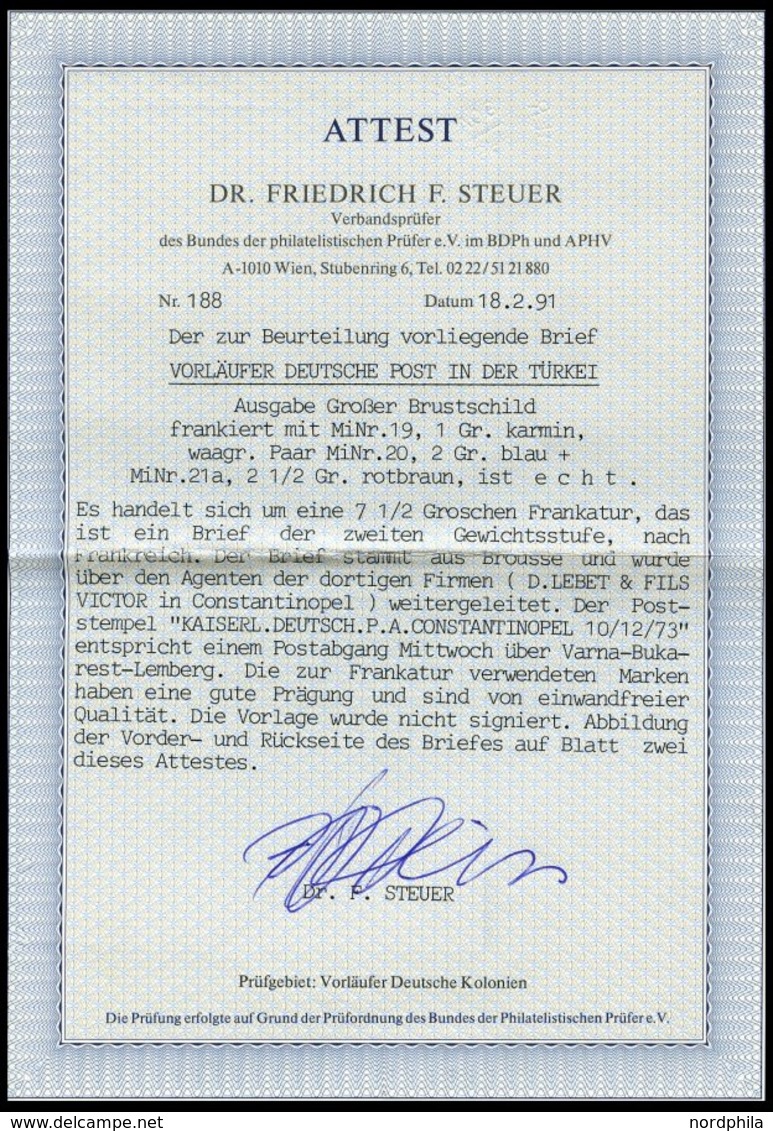 DP TÜRKEI V 19,20 Paar,21a BRIEF, 10.2.1873, 1 Gr., 2 Gr. Im Waagerechten Paar Und 21/2 Gr. Großer Brustschild Auf Brief - Turquie (bureaux)