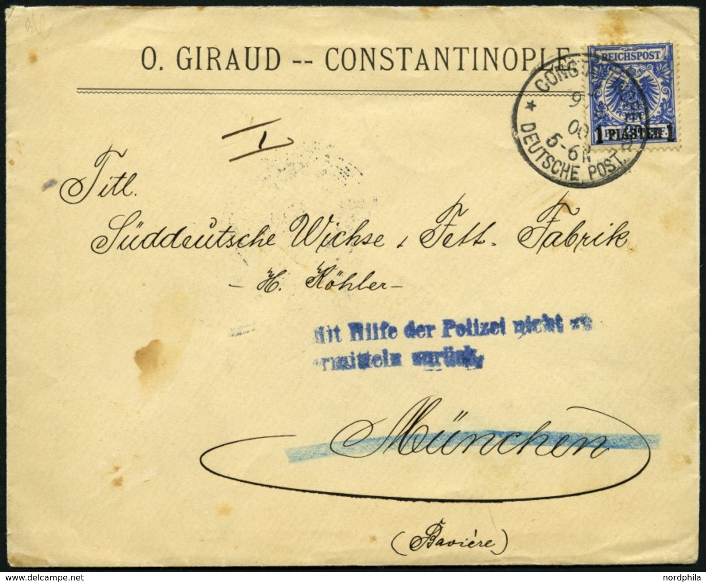 DP TÜRKEI 8d BRIEF, 1897, 1 PIA. Auf 20 Pf. Violettultramarin, Stempel CONSTANTINOPEL 1a, Auf Brief Nach München Mit Bla - Turkey (offices)