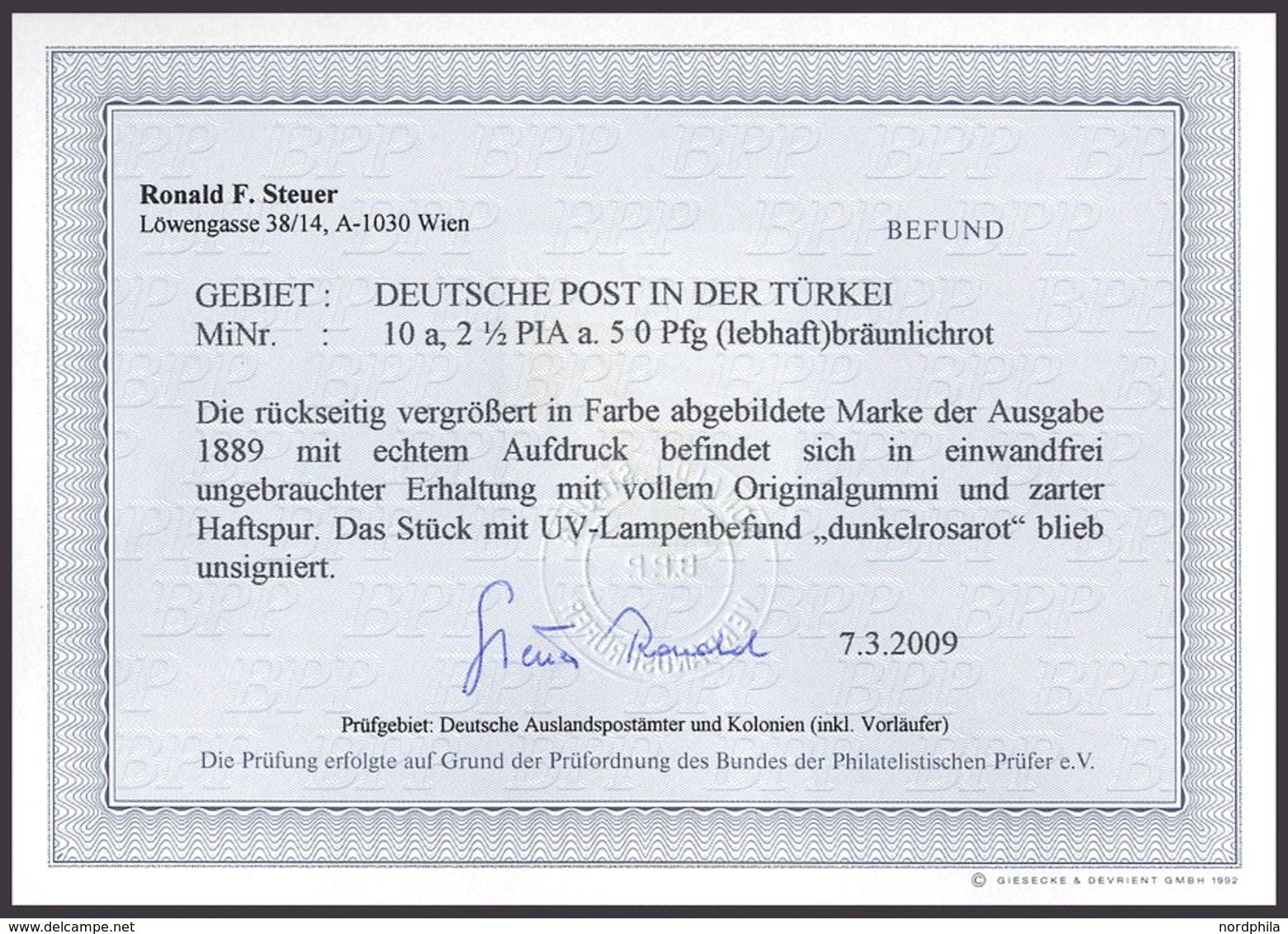DP TÜRKEI 10a *, 1889, 21/2 PIA. Auf 50 Pf. Bräunlichrot, Falzrest, Pracht, Fotobefund Steuer, Mi. 440.- - Turkey (offices)