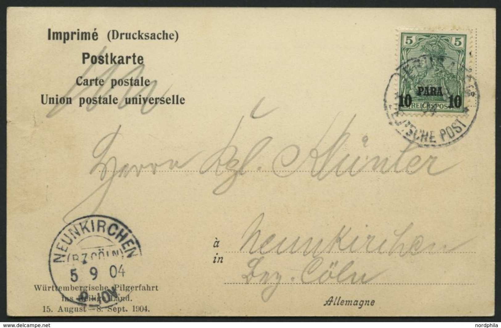 DP TÜRKEI 12II BRIEF, 1904, 10 PA. Auf 5 Pf., Aufdruck Type II, Auf Ansichtskarte Von JERUSALEM Nach Neunkirchen, Pracht - Turkey (offices)