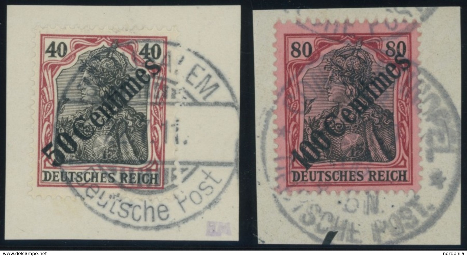 DP TÜRKEI 51/2 BrfStk, 1908, 50 C. Auf 40 Pf. Und 100 C. Auf 80 Pf. Diagonaler Aufdruck, 2 Prachtbriefstücke, Mi. (115.- - Turkey (offices)