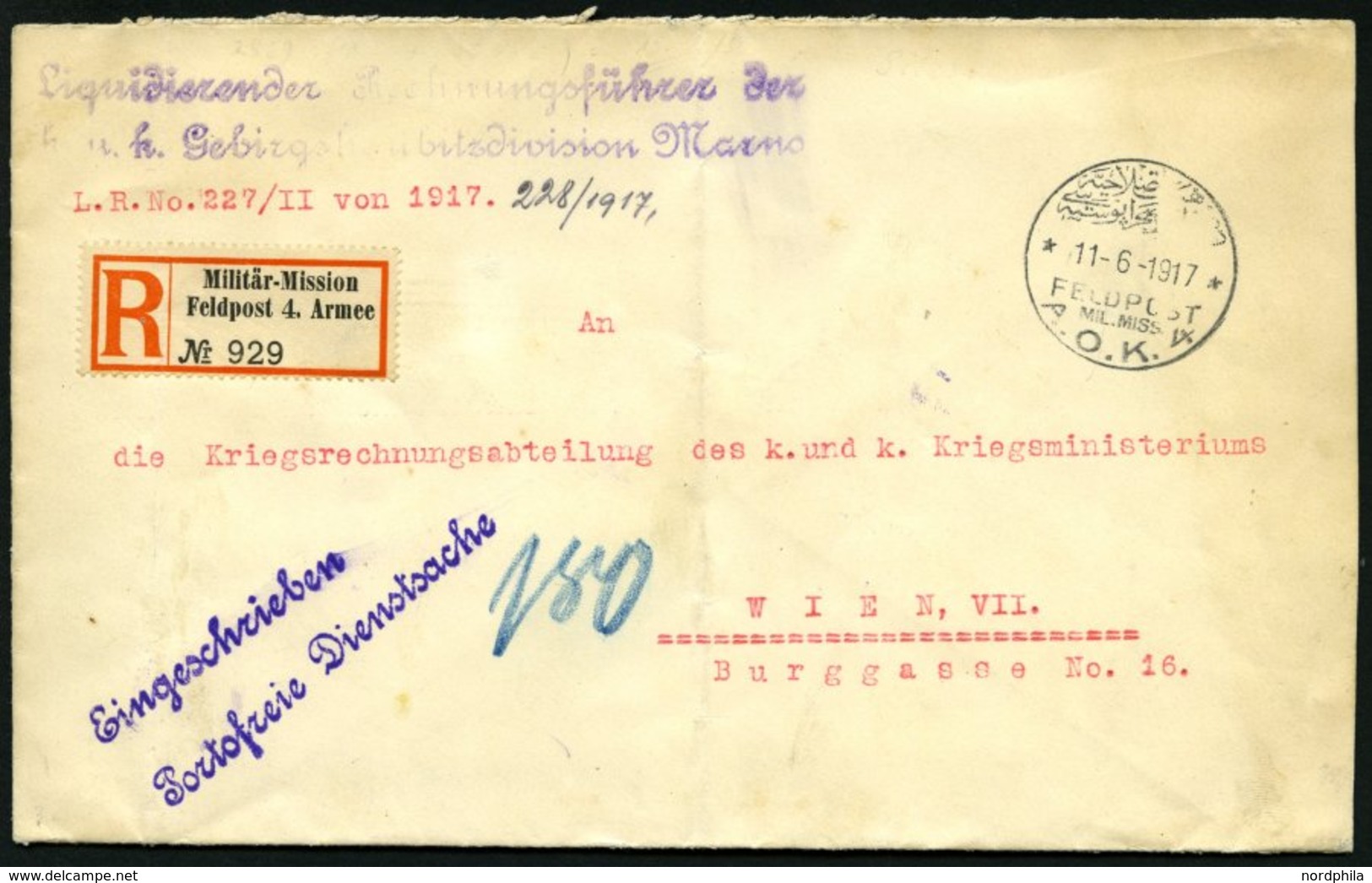 DP TÜRKEI 1917, Feldpost Mil. Miss. A.O.K. 4 Auf Einschreibbrief Der K.u.k. Gebirgshaubitzendivision Marno, Senkrecht Le - Turquia (oficinas)