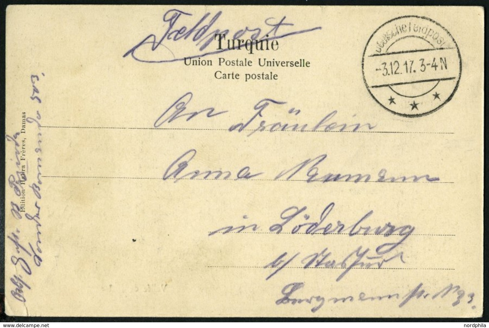 DP TÜRKEI 1917, Feldpoststation DAMASKUS (1 DFP) Auf Feldpost-Ansichtskarte, Pracht - Deutsche Post In Der Türkei