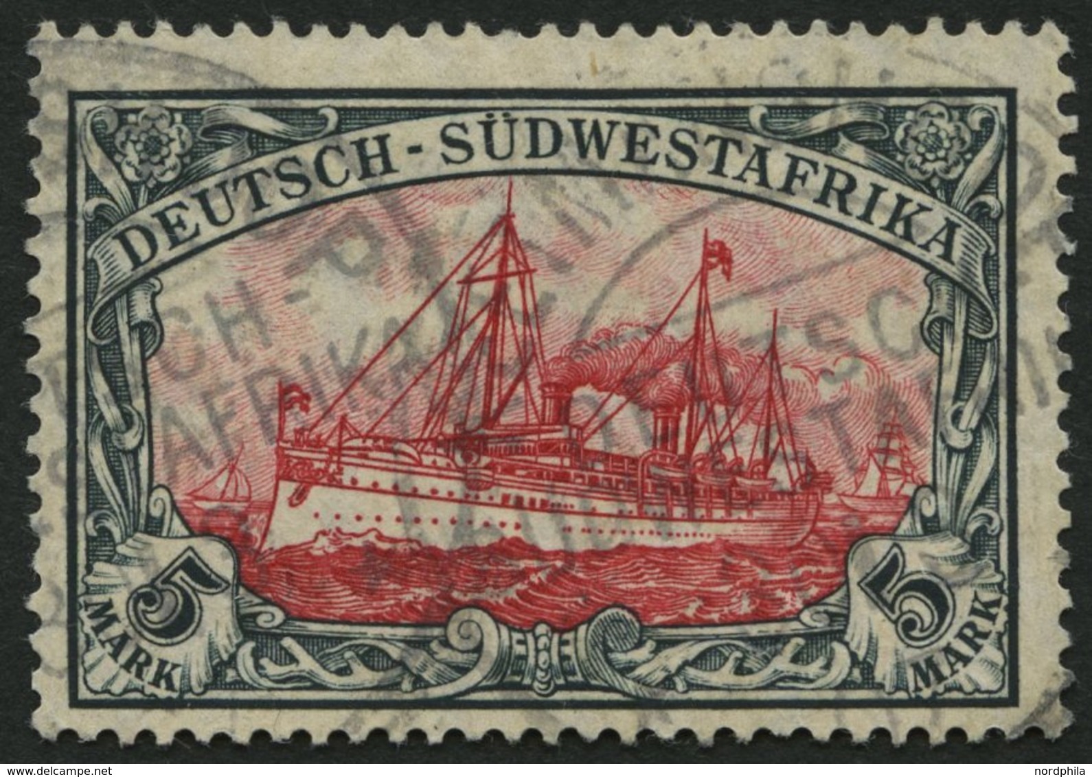 DSWA 32Aa O, 1906, 5 M. Grünschwarz/dunkelkarmin, Mit Wz., Gelblichrot Quarzend, Kleine Randkerbe Sonst Pracht, Gepr. Jä - África Del Sudoeste Alemana