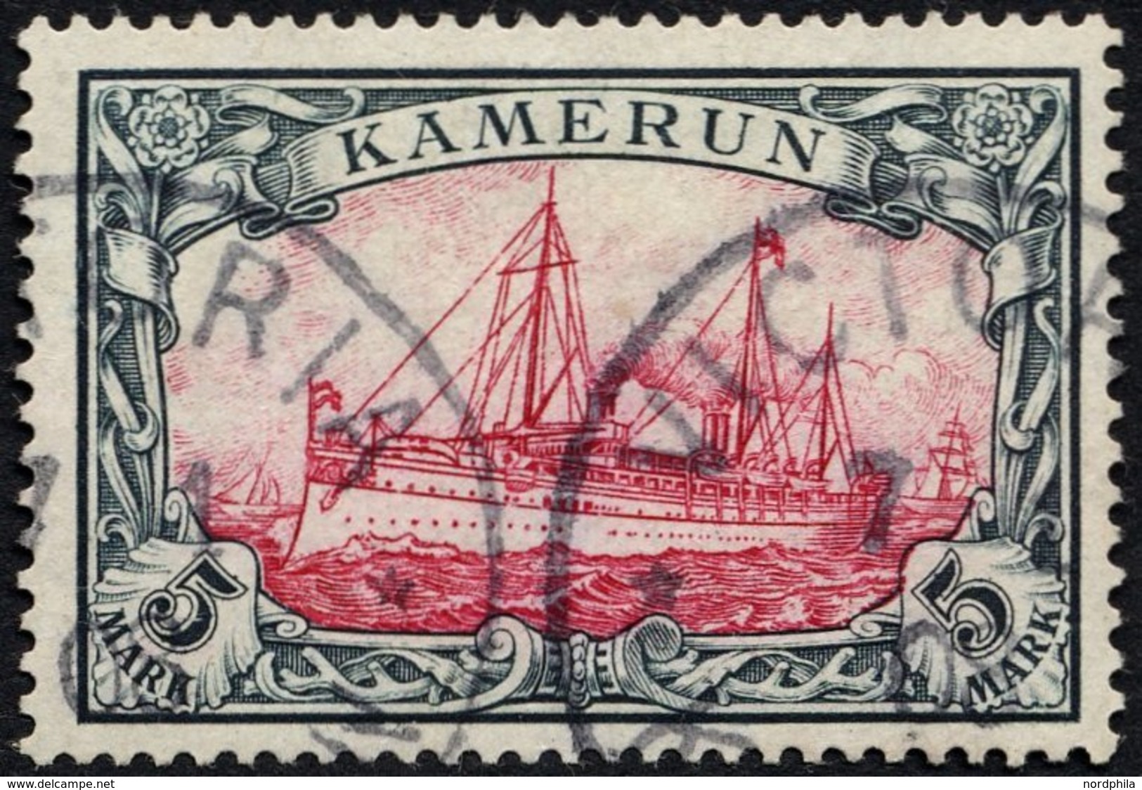 KAMERUN 19 O, 1900, 5 M. Grünschwarz/bräunlichkarmin, Ohne Wz., Stempel VICTORIA, Pracht, Signiert Senf, Mi. 600.- - Cameroun