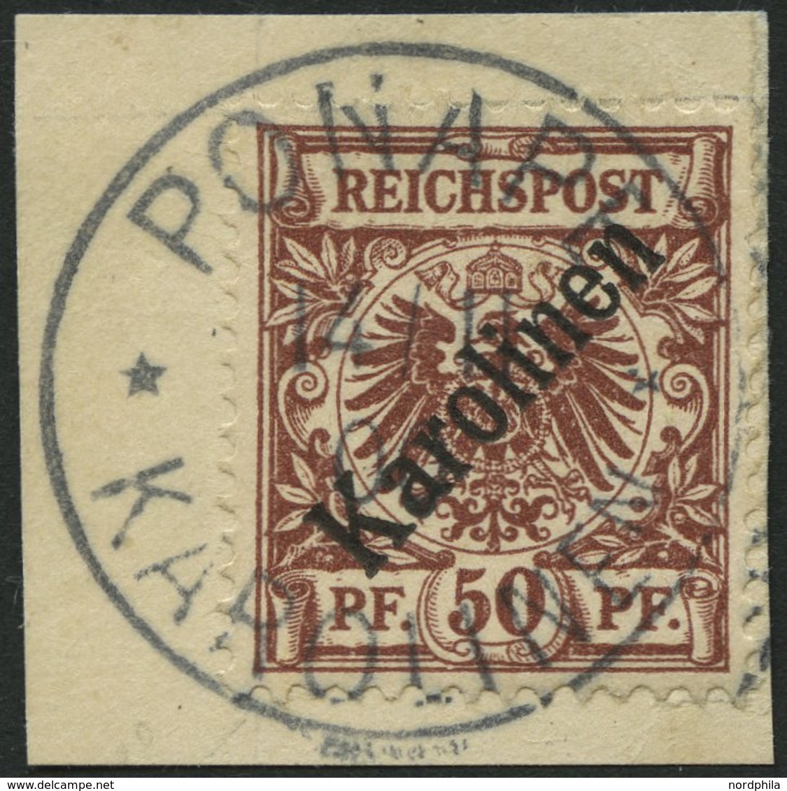 KAROLINEN 6I BrfStk, 1899, 50 Pf. Diagonaler Aufdruck, Prachtbriefstück, Gepr. Dr. Lantelme, Mi. (1800.-) - Islas Carolinas