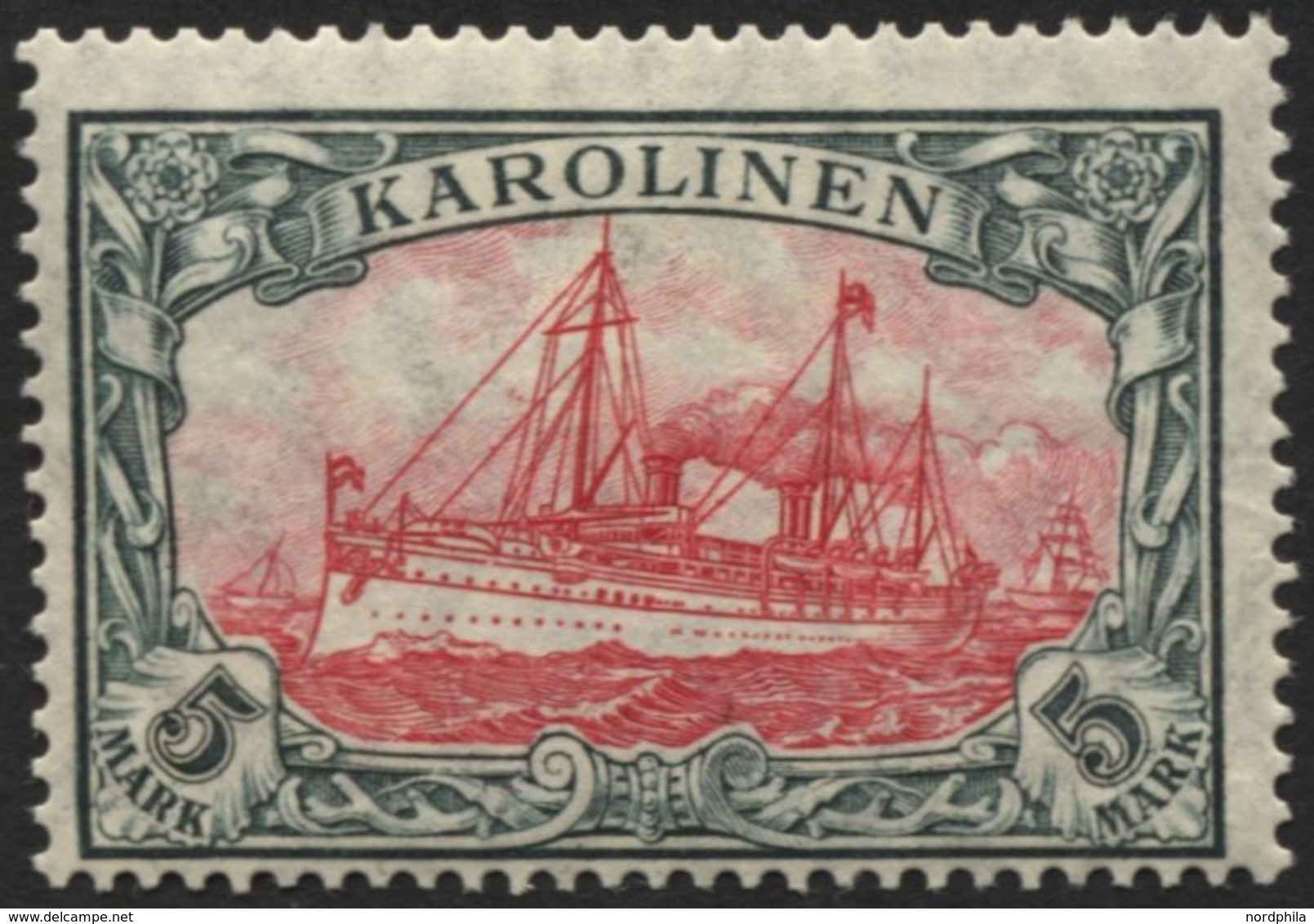 KAROLINEN 22IA *, 1915, 5 M. Grünschwarz/dunkelkarmin, Mit Wz., Friedensdruck, Falzrest, Pracht, Gepr. Jäschke-L., Mi. 2 - Karolinen