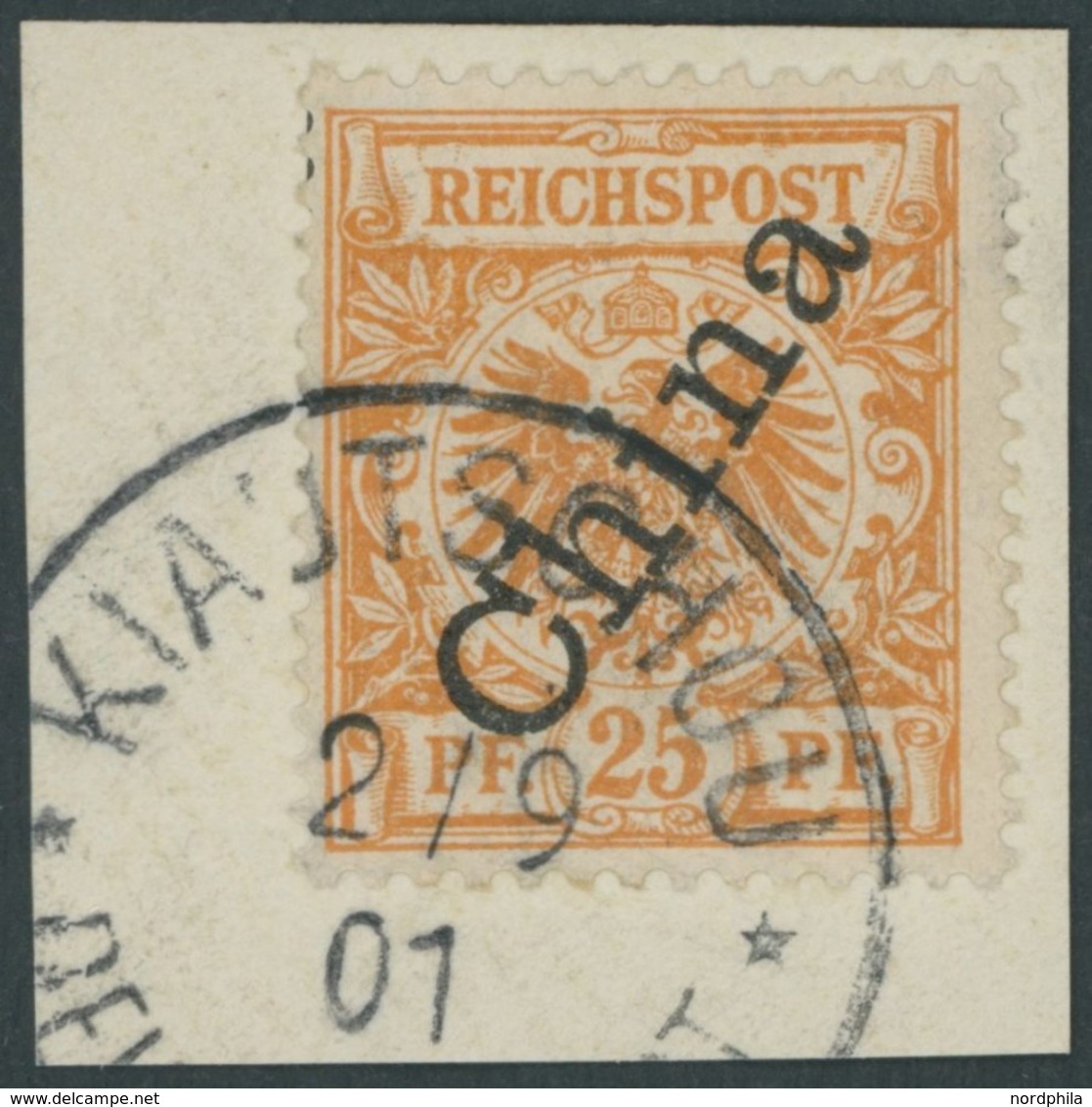 KIAUTSCHOU M 5IIa BrfStk, 1901, 25 Pf. Gelblichorange Steiler Aufdruck, Stempel KIAUTSCHOU DP ** Prachtbriefstück - Kiauchau