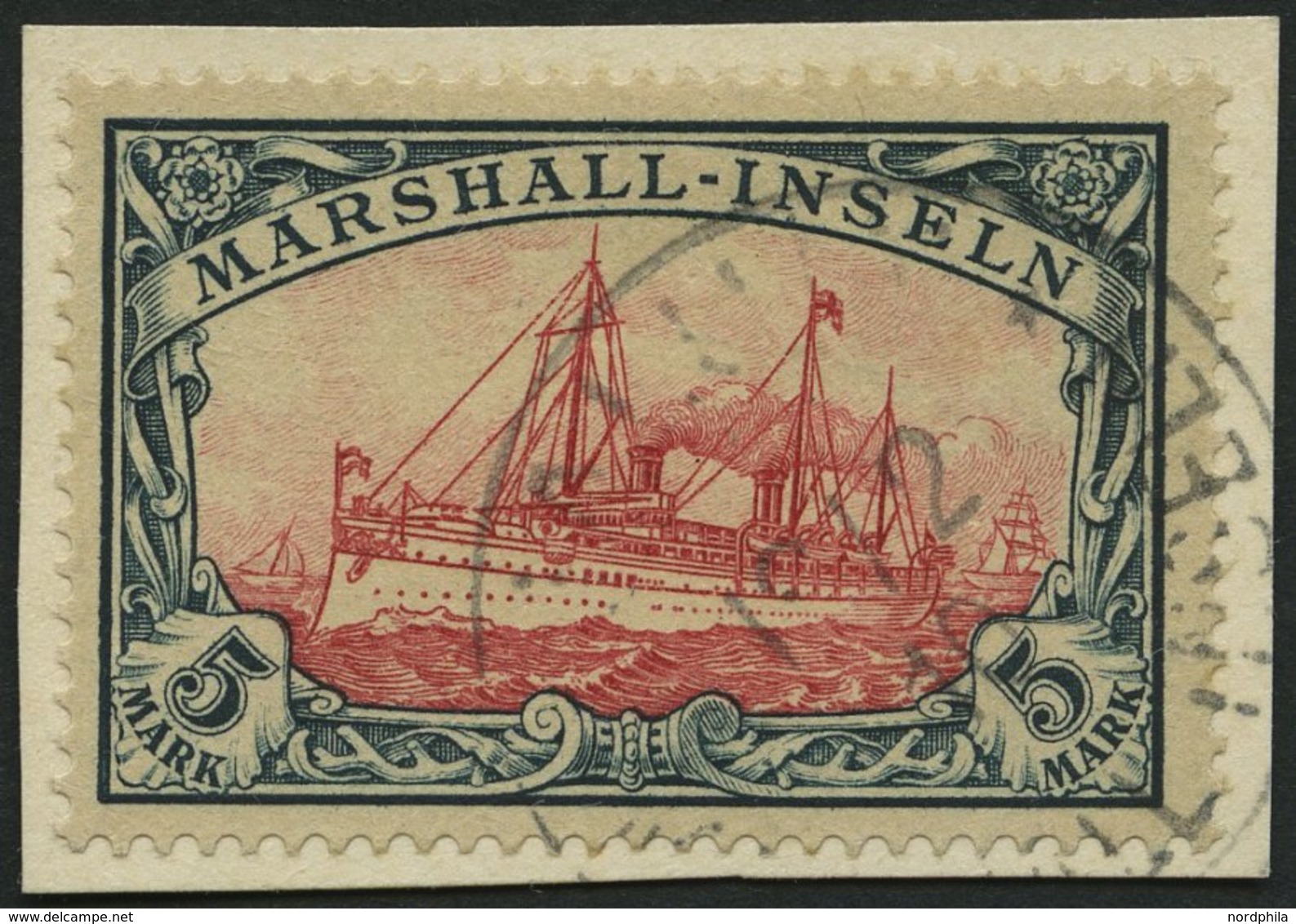 MARSHALL-INSELN 25 BrfStk, 1901, 5 M. Grünschwarz/dunkelkarmin, Ohne Wz., Prachtbriefstück, Gepr. Bothe, Mi. (600.-) - Marshall-Inseln