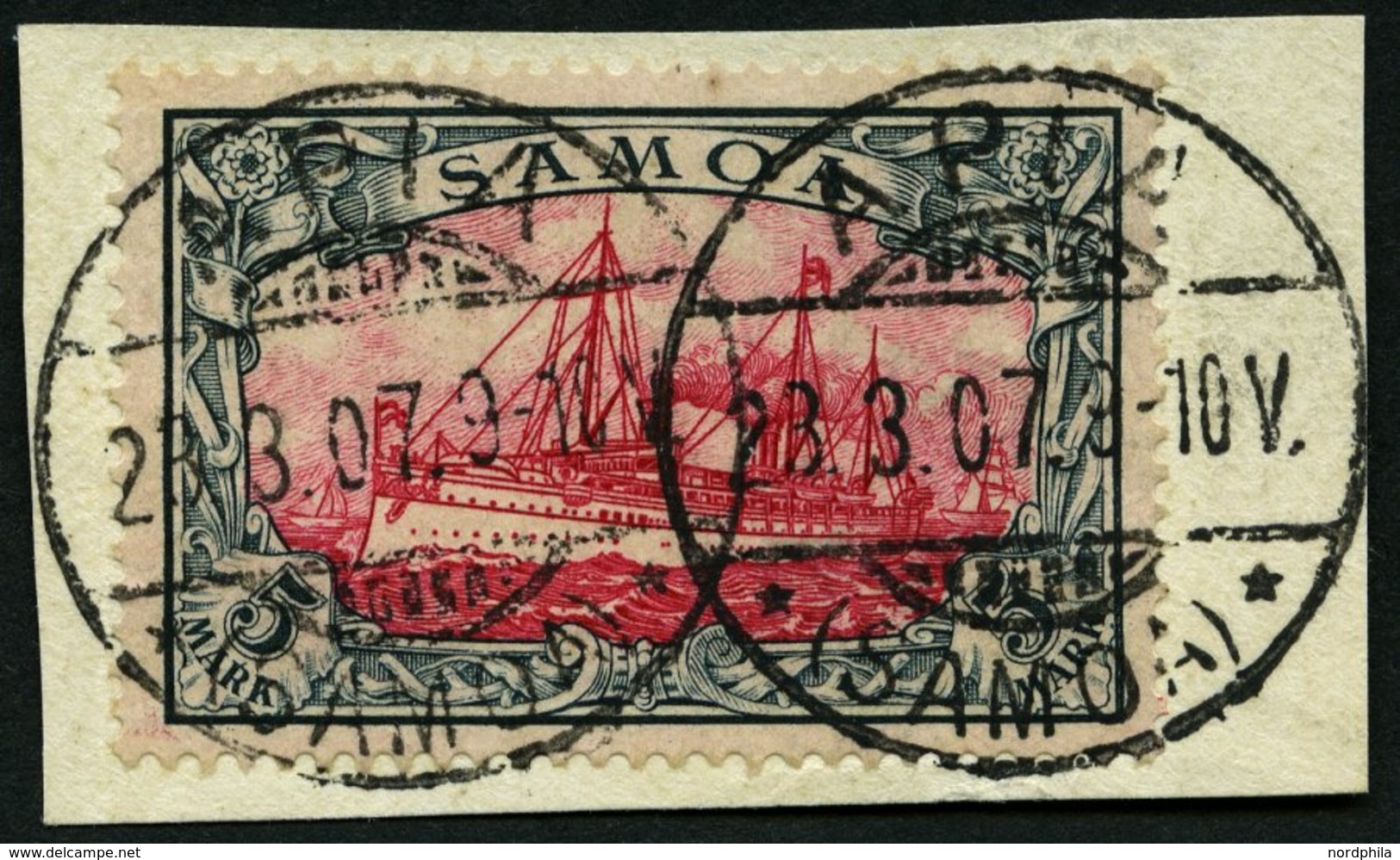 SAMOA 19 BrfStk, 1900, 5 M. Grünschwarz/bräunlichkarmin, Ohne Wz., Prachtbriefstück, Gepr. Bothe, Mi. (600.-) - Samoa