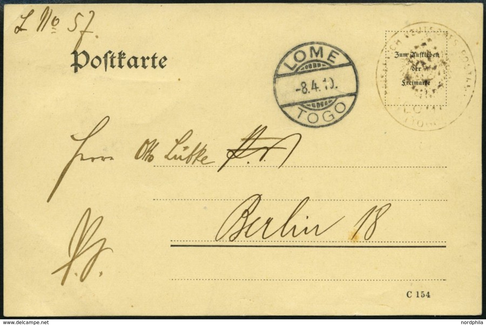 TOGO Dienstpostkarte Mit Dienstsiegel Des Postamtes LOME 8.4.10 Nach Berlin, Pracht - Togo