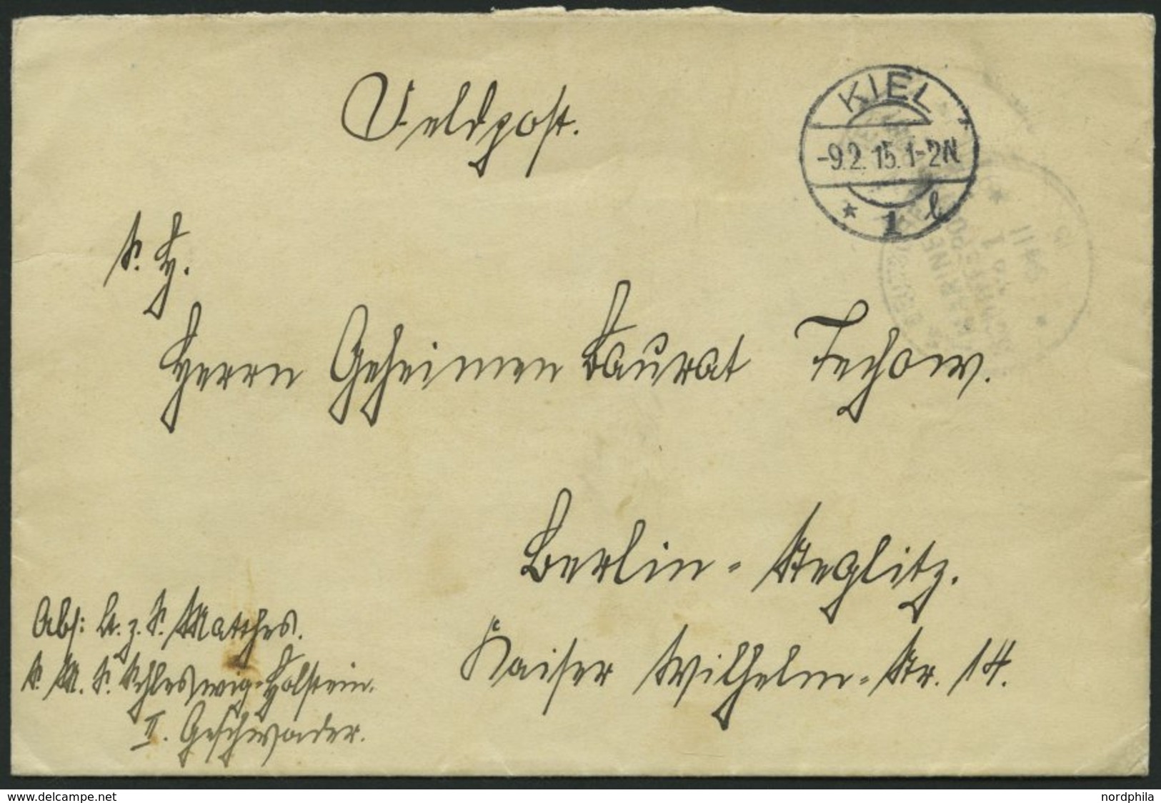 MSP VON 1914 - 1918 1 (Linienschiff SCHLESWIG-HOLSTEIN), 9.2.1915, Feldpostbrief Von Bord Der Schleswig-Holstein, Feinst - Marítimo