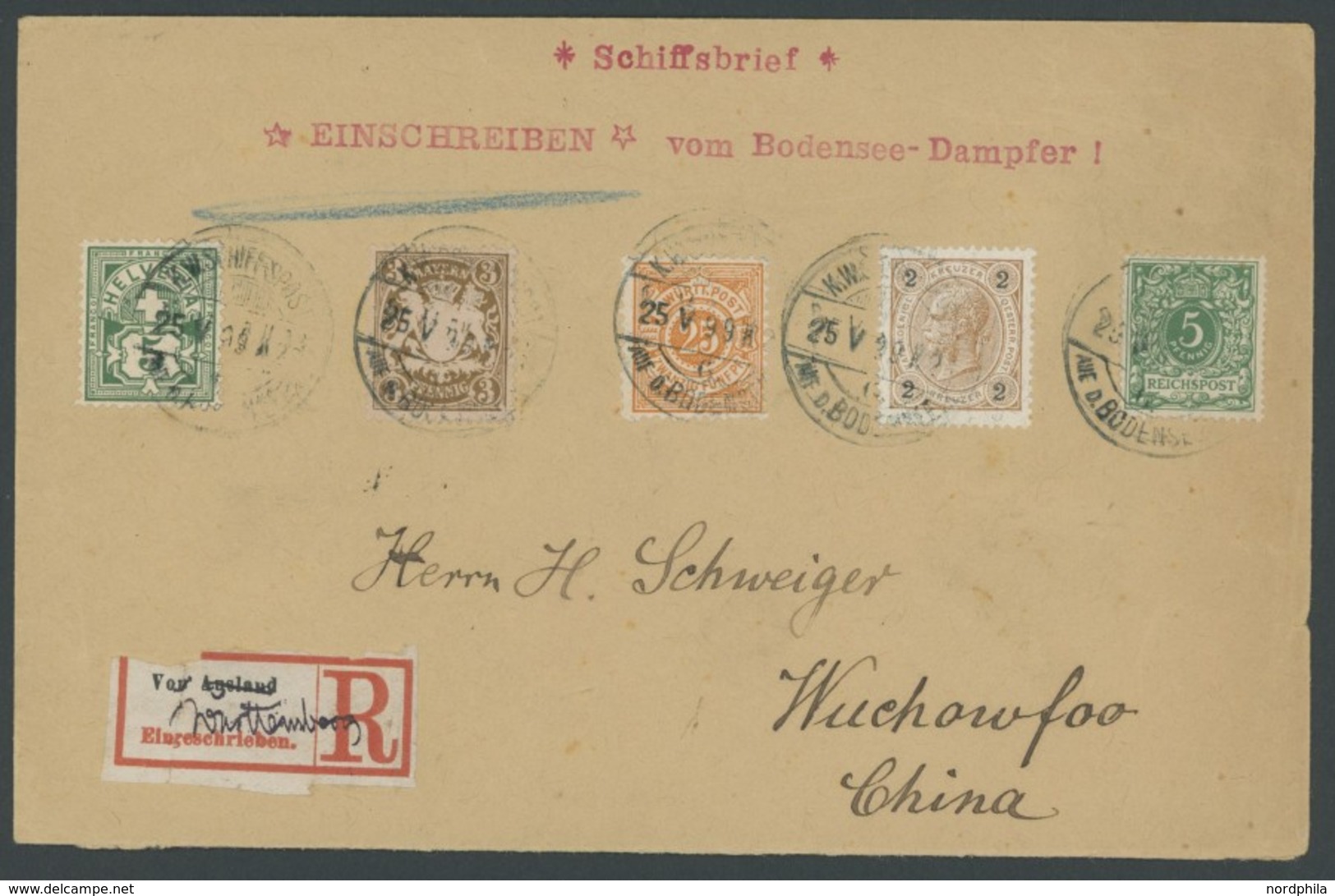 DEUTSCHE SCHIFFSPOST 25.5.1899, K.W. Schiffspost Auf Dem Bodensee, Route K 26, Einschreibbrief, R-Zettel Für Ausland Han - Maritime