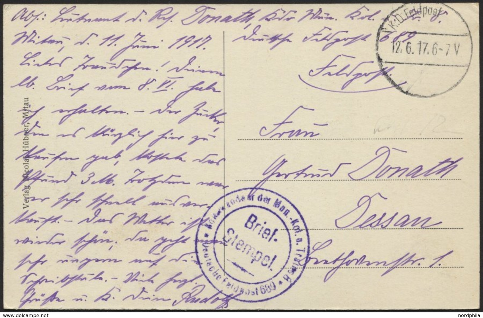 LETTLAND 8. Armee, 12.6.17, Mit Ausgestanztem Stempel K.D. FELDPOST Auf Ansichtskarte (Mitau-Der Große Club) Von Mitau N - Letonia