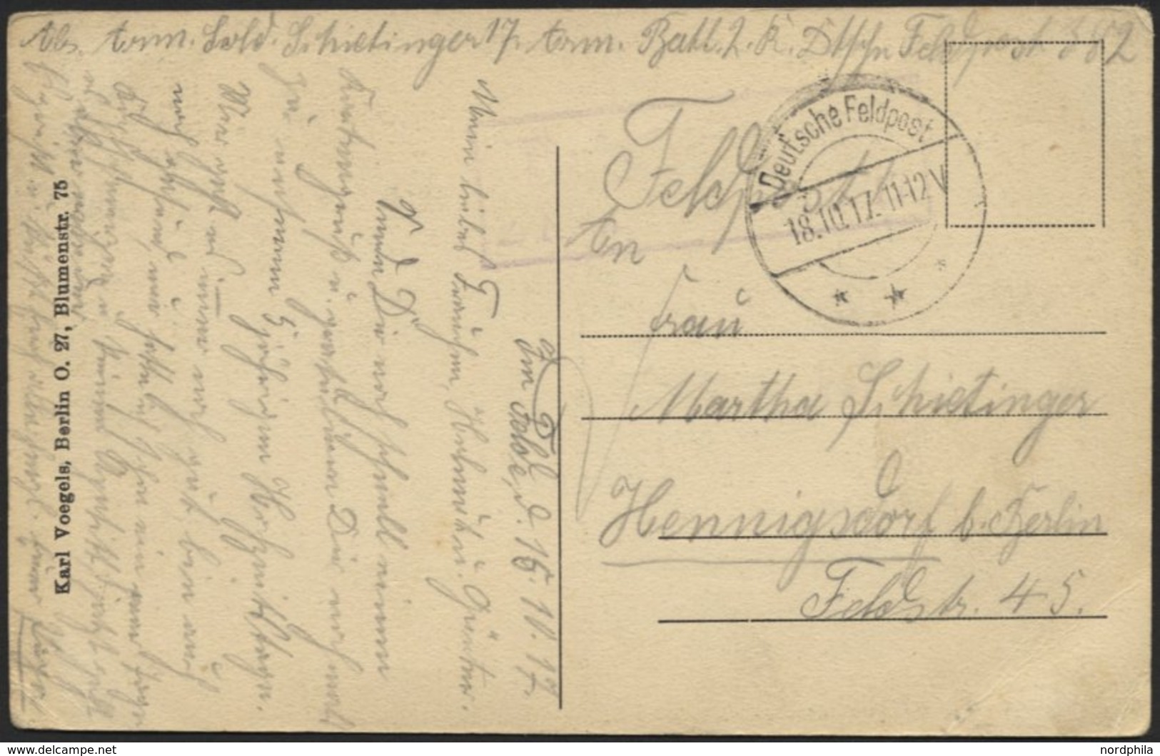 DT. FP IM BALTIKUM 1914/18 Feldpoststation Nr. 282, 18.10.17, Mit Tarnstempel DEUTSCHE FELDPOST *** Auf Ansichtskarte (R - Letonia