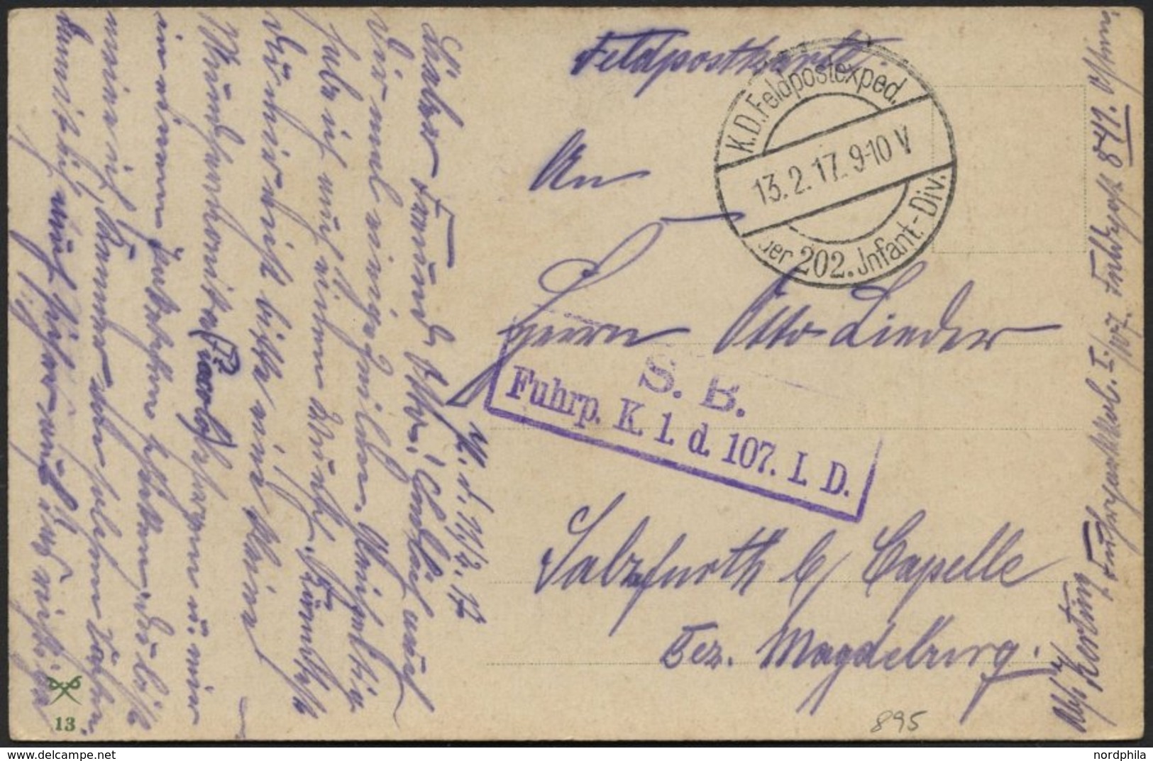 DT. FP IM BALTIKUM 1914/18 K.D. FELDPOSTEXPED. DER 202. INFANT.-DIV., 13.2.17, Auf Farbiger Propagandakarte (Stolz Weht  - Letonia