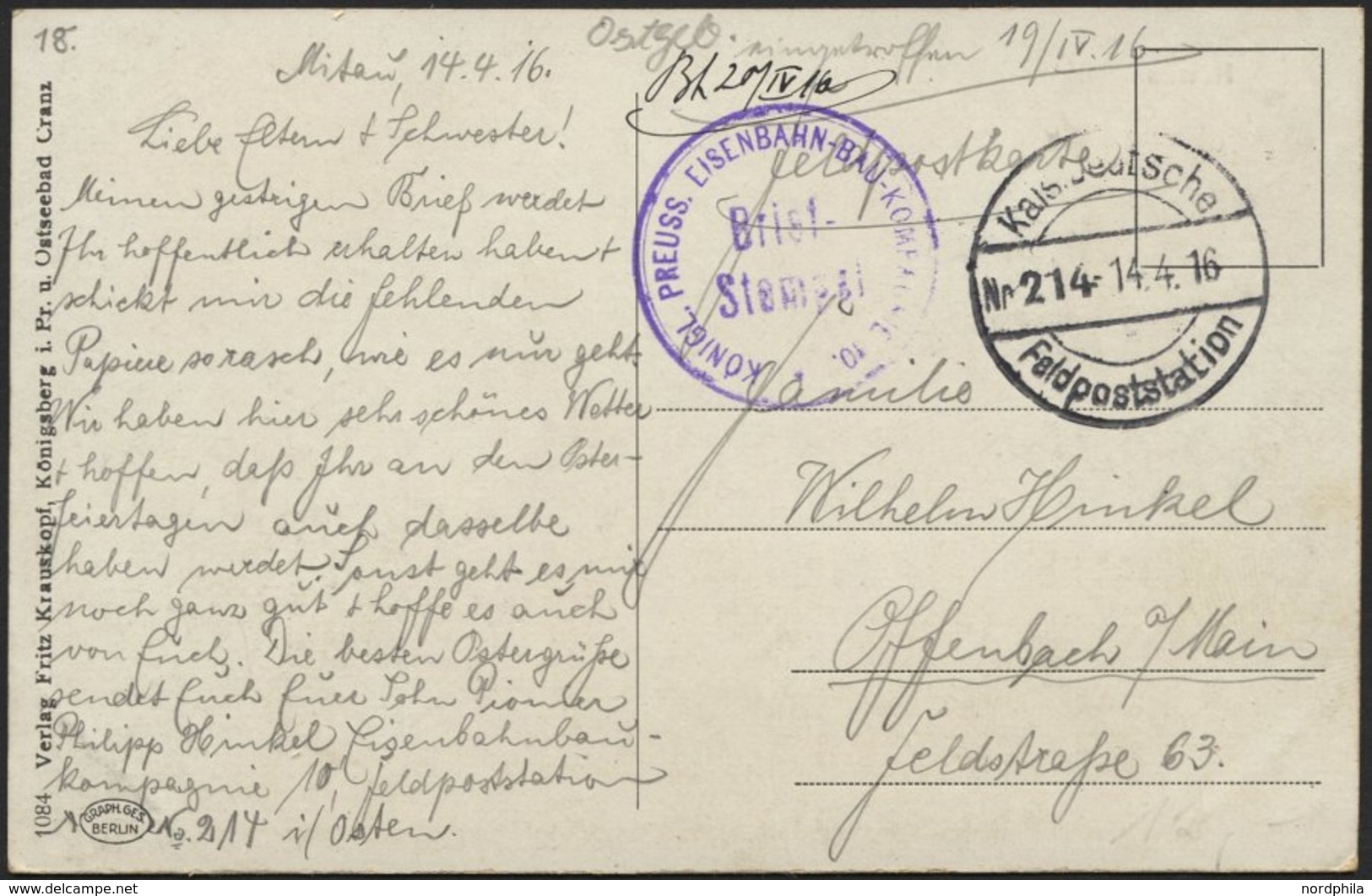 LETTLAND 2123 BRIEF, KAIS. DEUTSCHE FELDPOSTSTATION NR. 214, 14.4.16, Auf Ansichtskarte (Kowno) Von Mitau Nach Offenbach - Latvia