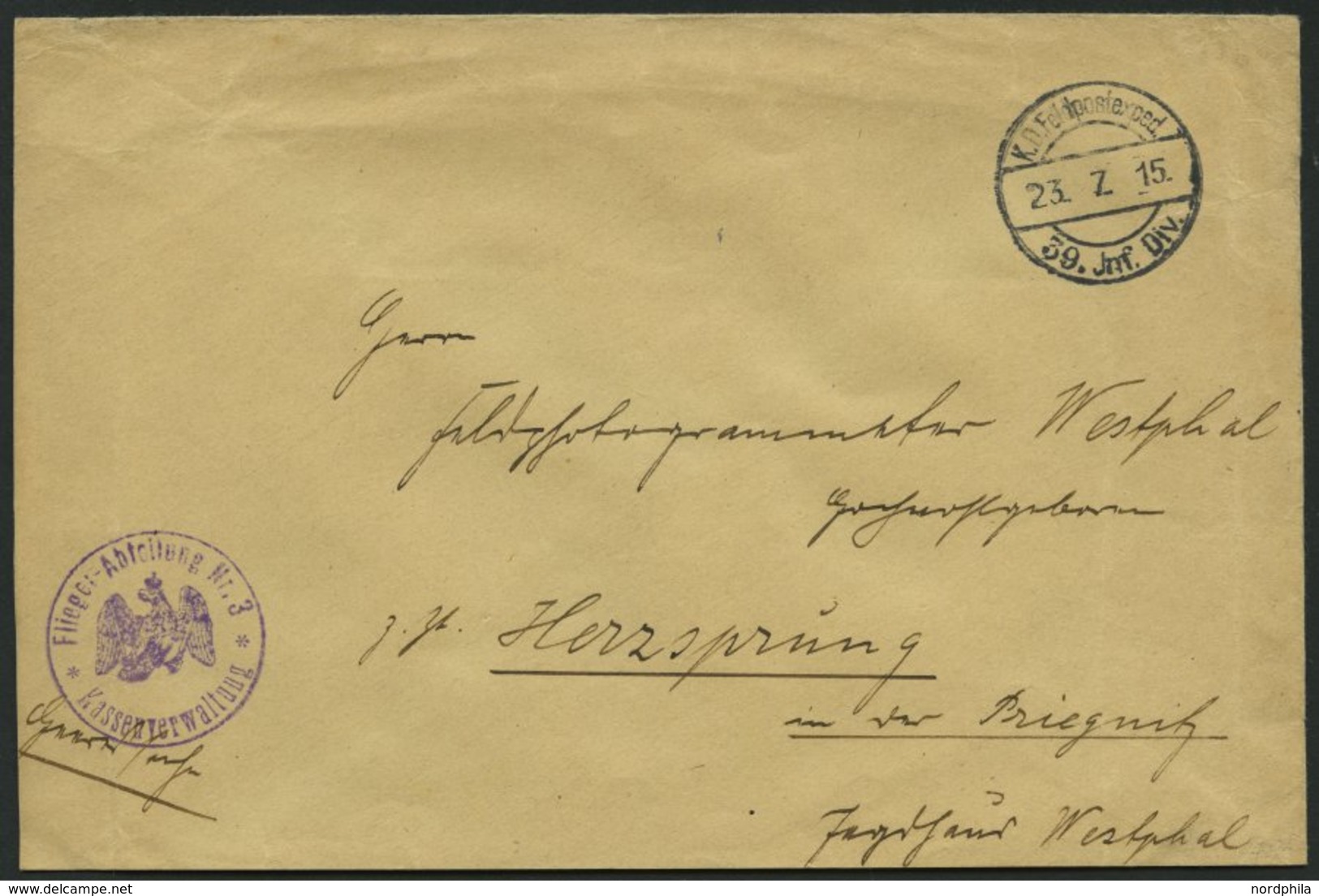 FELDPOST I.WK 1915, Feldpostbrief Mit Violettem Truppenstempel FLIEGER-ABTEILUNG Nr. 3 KASSENVERWALTUNG Der K.D. FELDPOS - Used Stamps